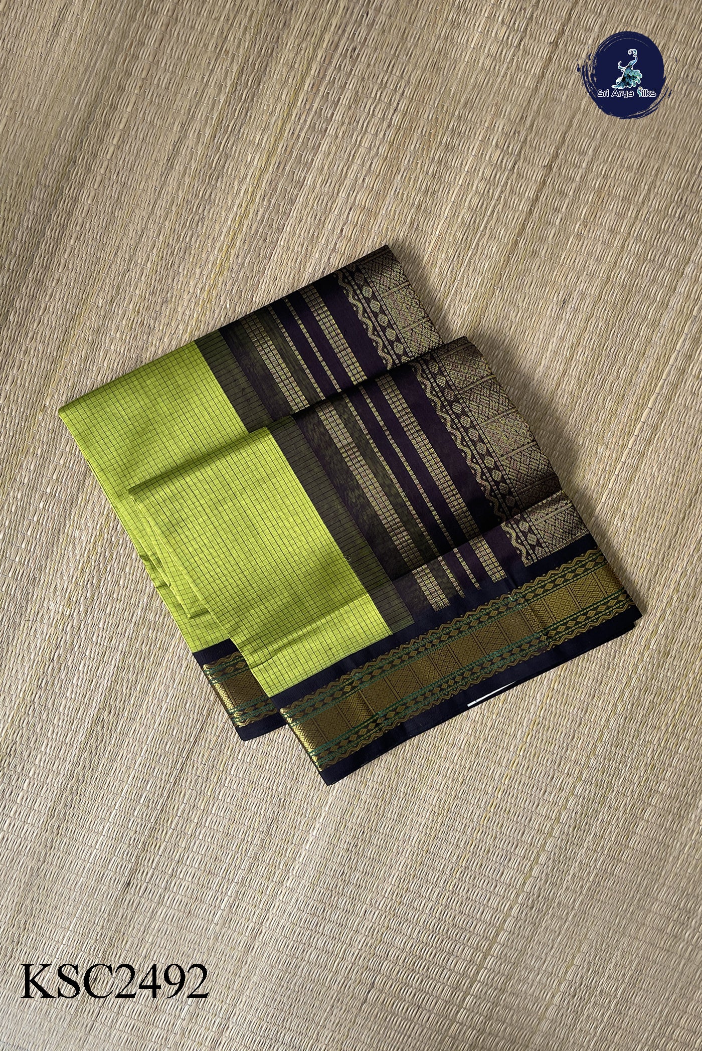 Lime Green Korvai Silk Cotton Saree With Checked Pattern