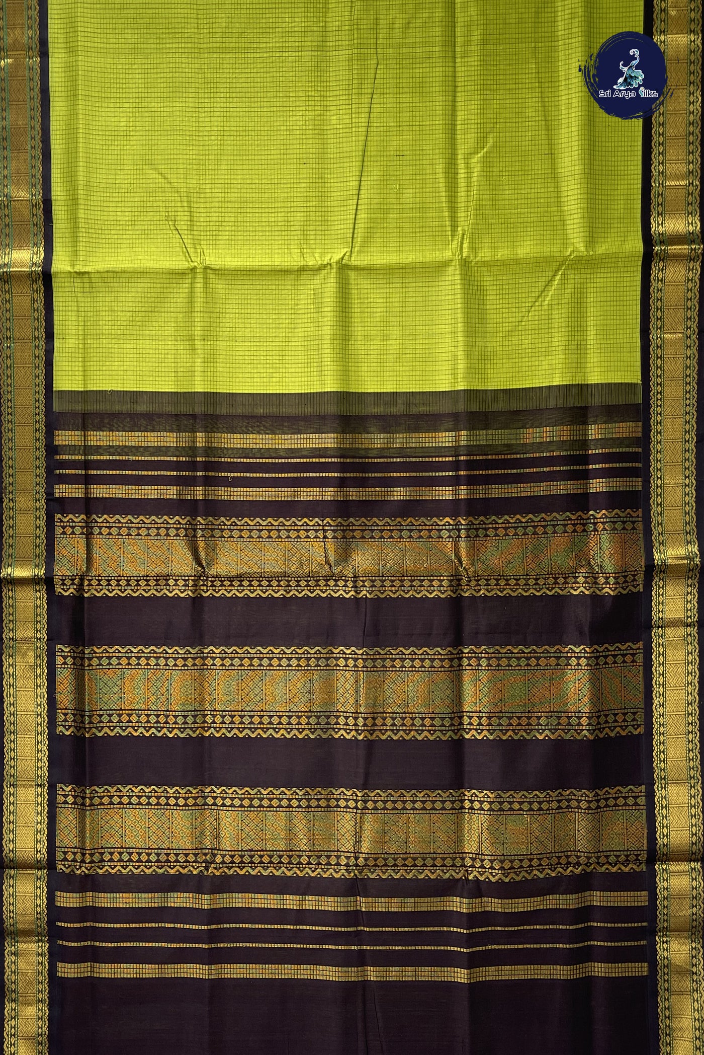 Lime Green Korvai Silk Cotton Saree With Checked Pattern