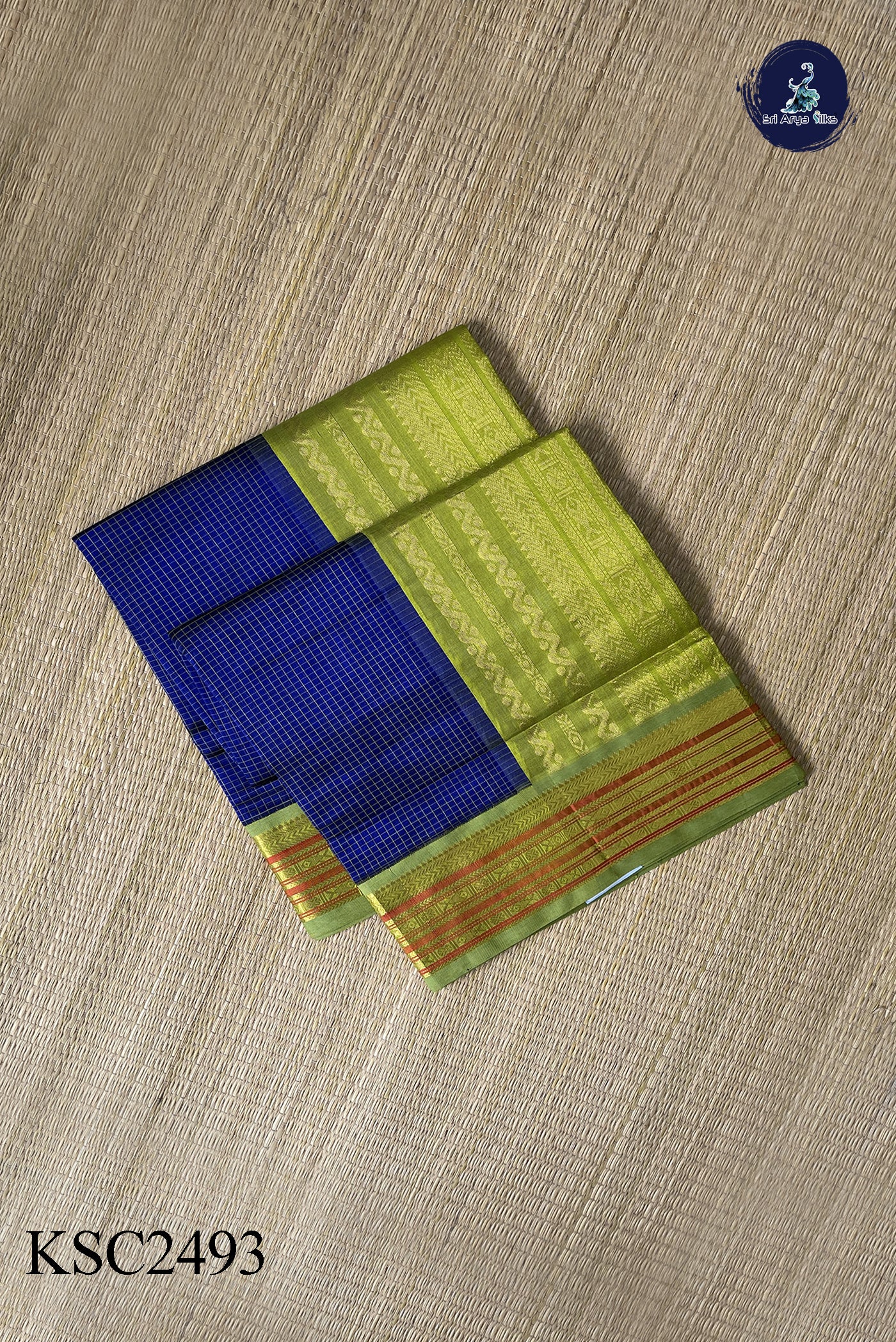 Dark Blue Korvai Silk Cotton Saree With Checked Pattern