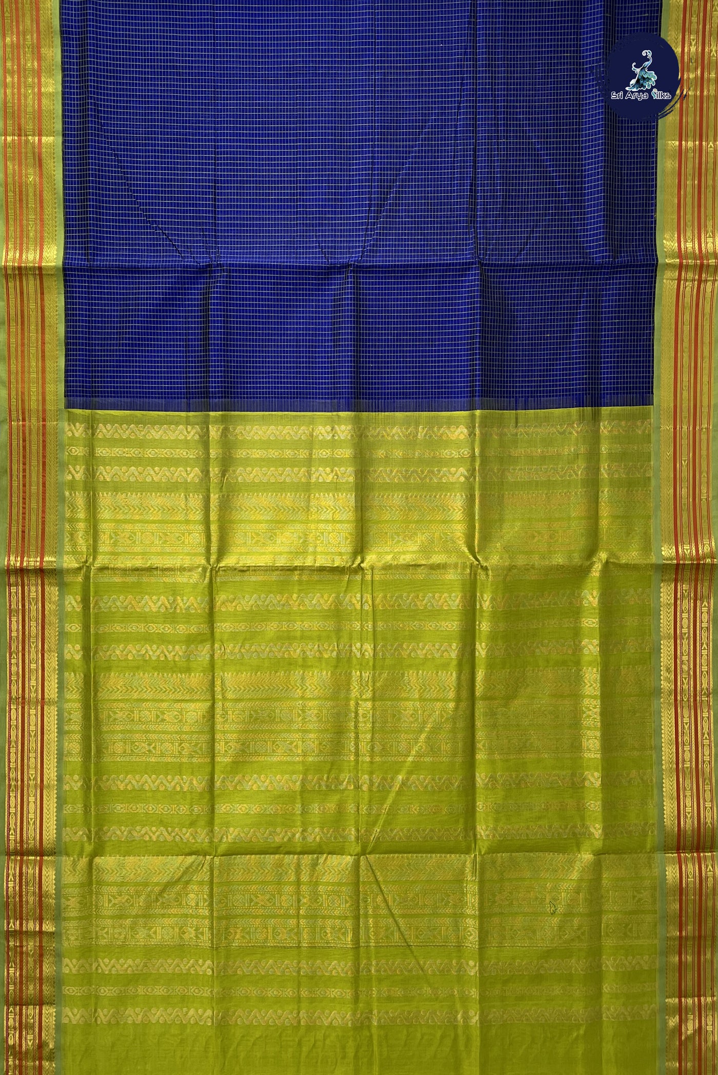 Dark Blue Korvai Silk Cotton Saree With Checked Pattern