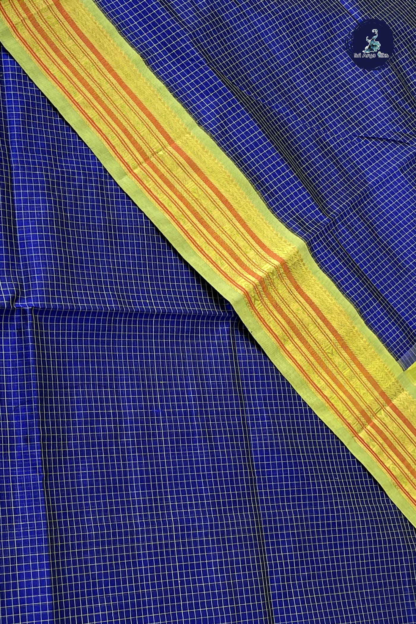 Dark Blue Korvai Silk Cotton Saree With Checked Pattern