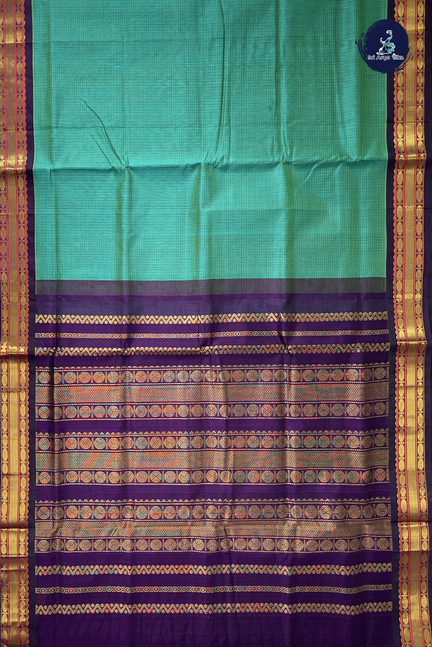 Turquoise Korvai Silk Cotton Saree With Checked Pattern