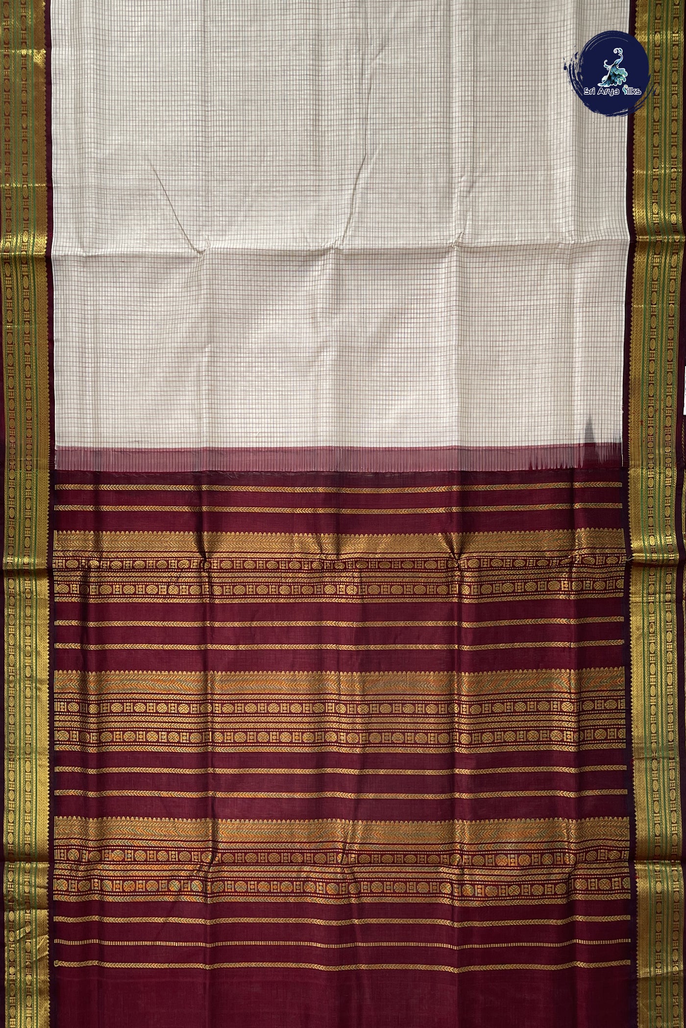 Pearl White Korvai Silk Cotton Saree With Checked Pattern