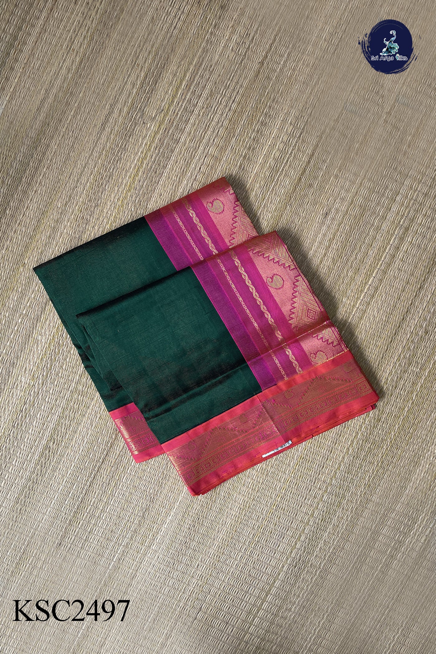 Bottle Green Vaira Oosi Silk Cotton Saree With Vaira Oosi Pattern