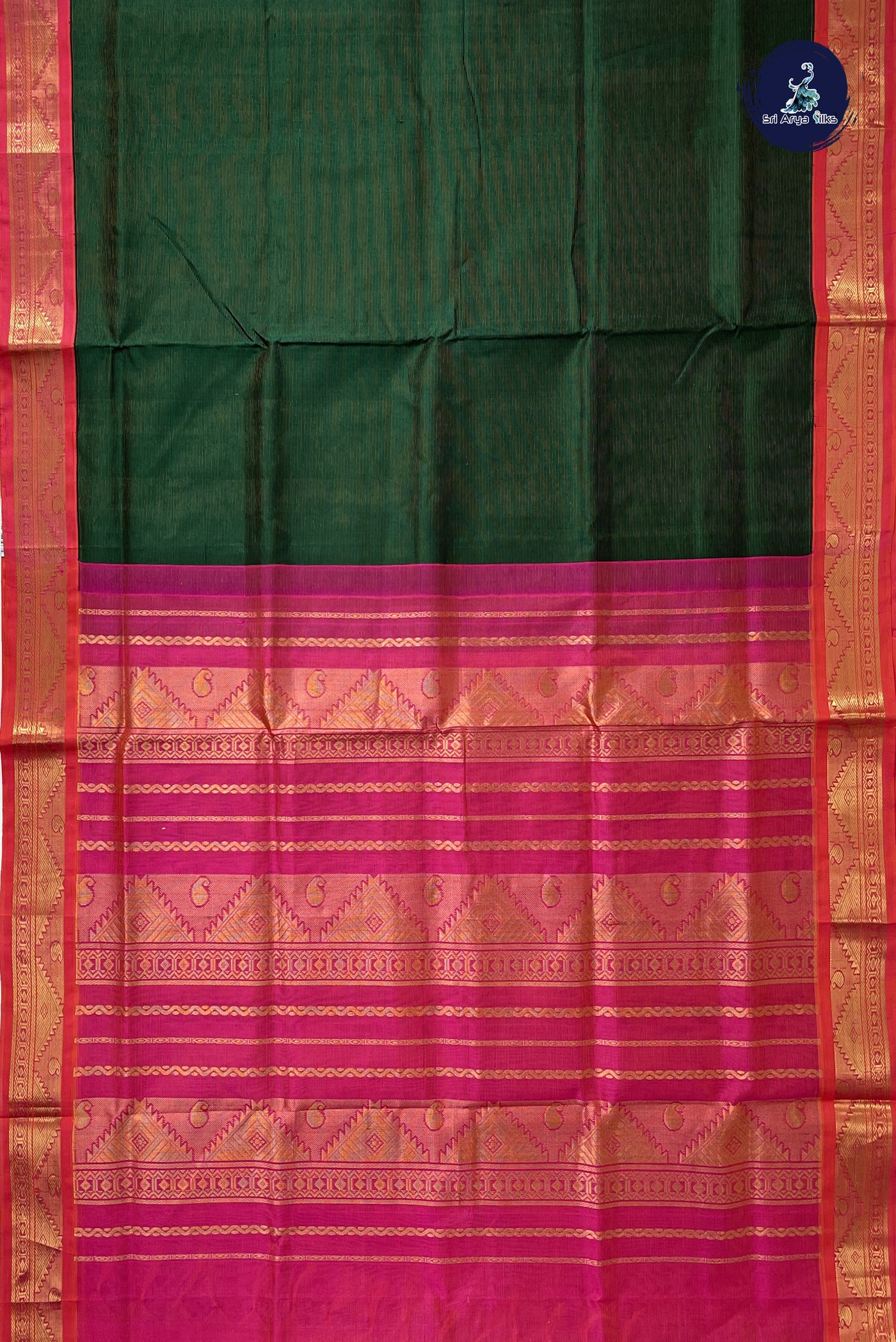 Bottle Green Vaira Oosi Silk Cotton Saree With Vaira Oosi Pattern