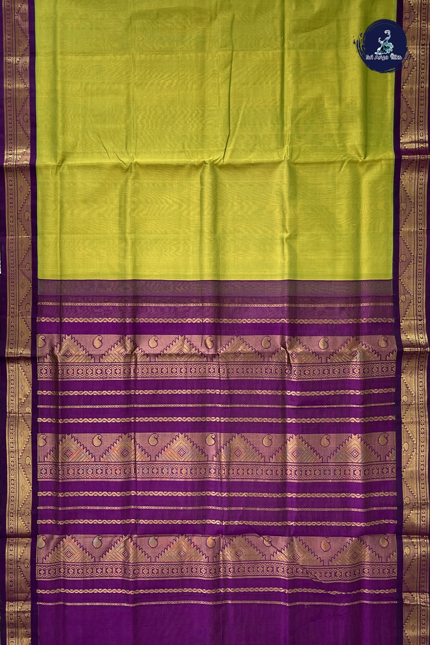 Lime Green Vaira Oosi Silk Cotton Saree With Vaira Oosi Pattern