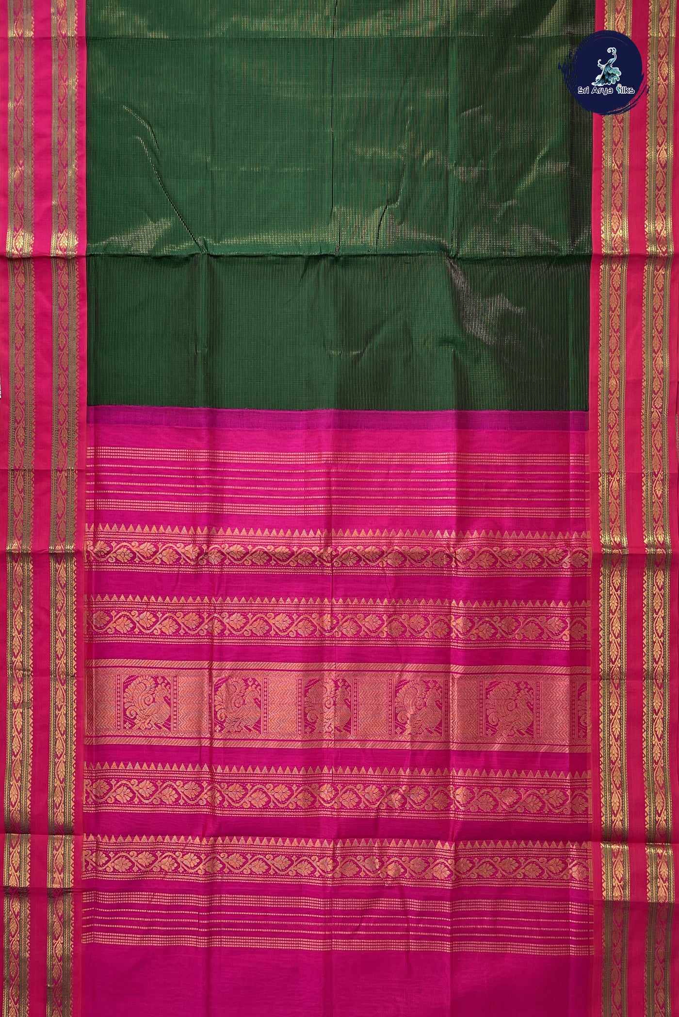 Bottle Green Vaira Oosi Silk Cotton Saree With Vaira Oosi Pattern