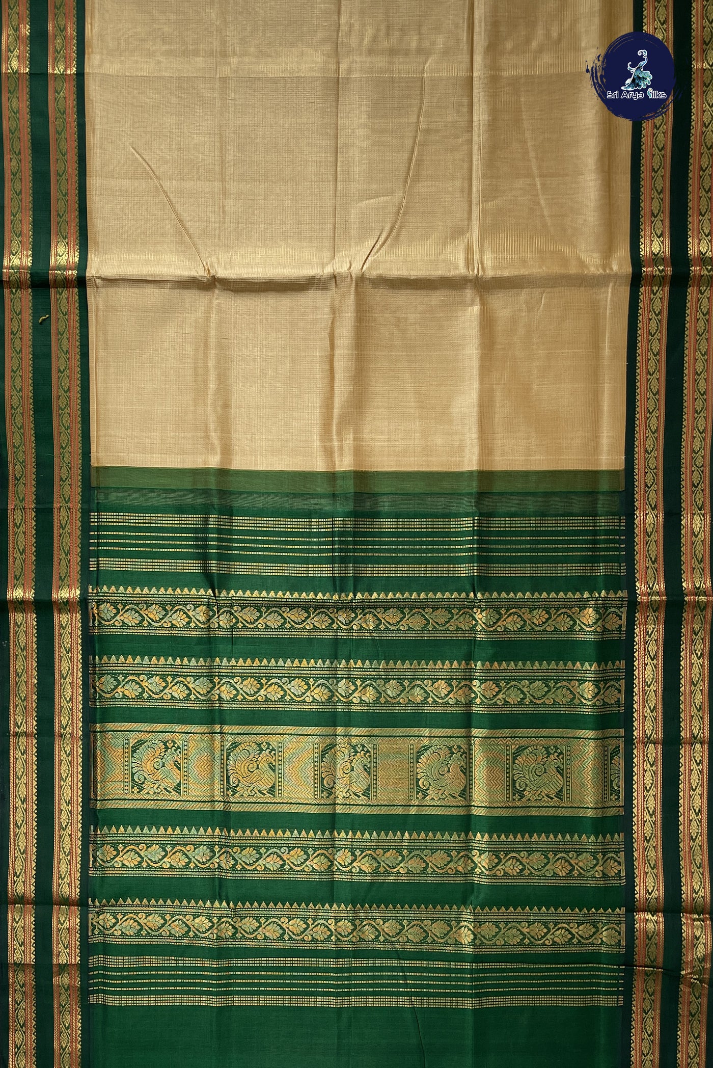 Beige Vaira Oosi Silk Cotton Saree With Vaira Oosi Pattern