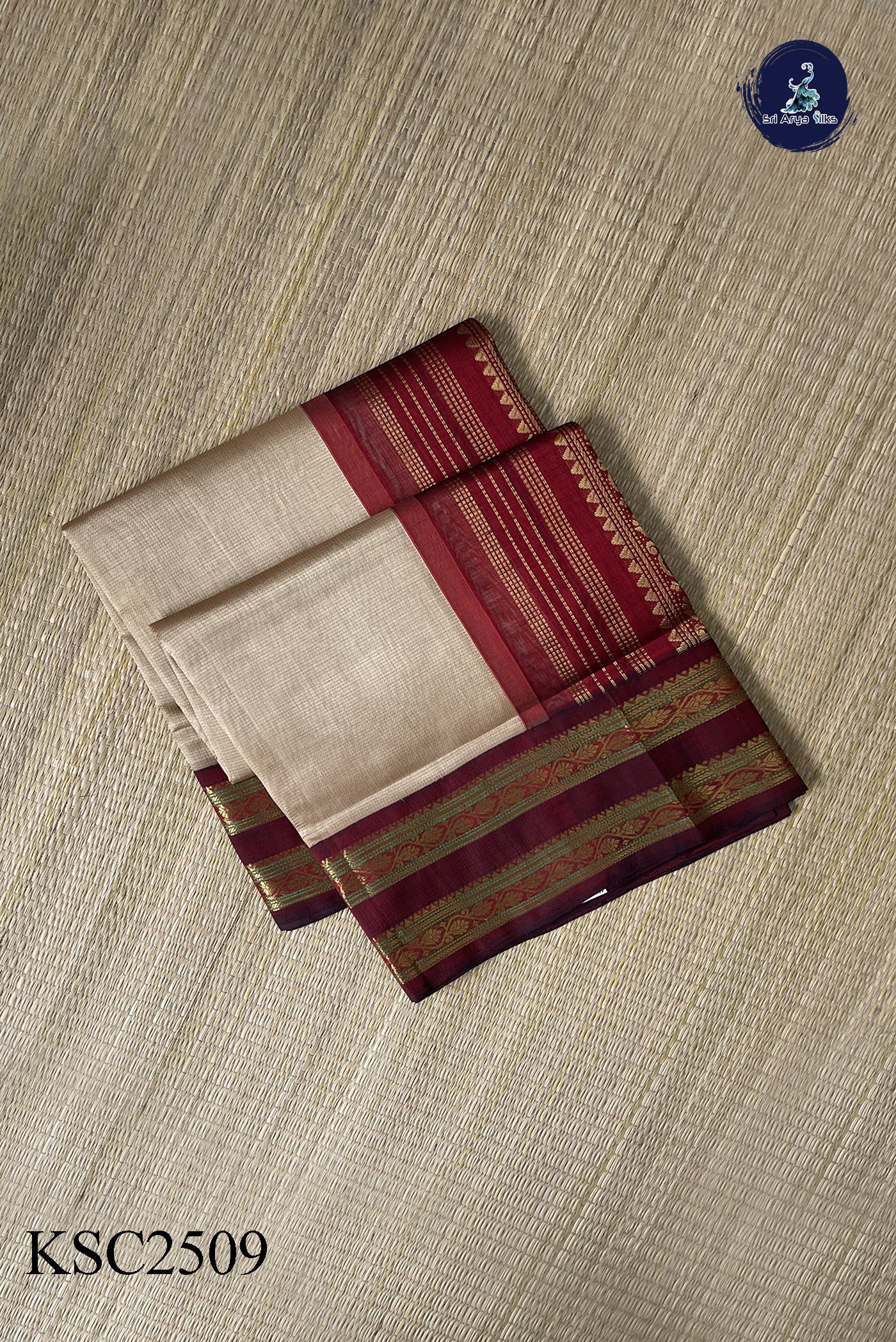 Beige Vaira Oosi Silk Cotton Saree With Vaira Oosi Pattern