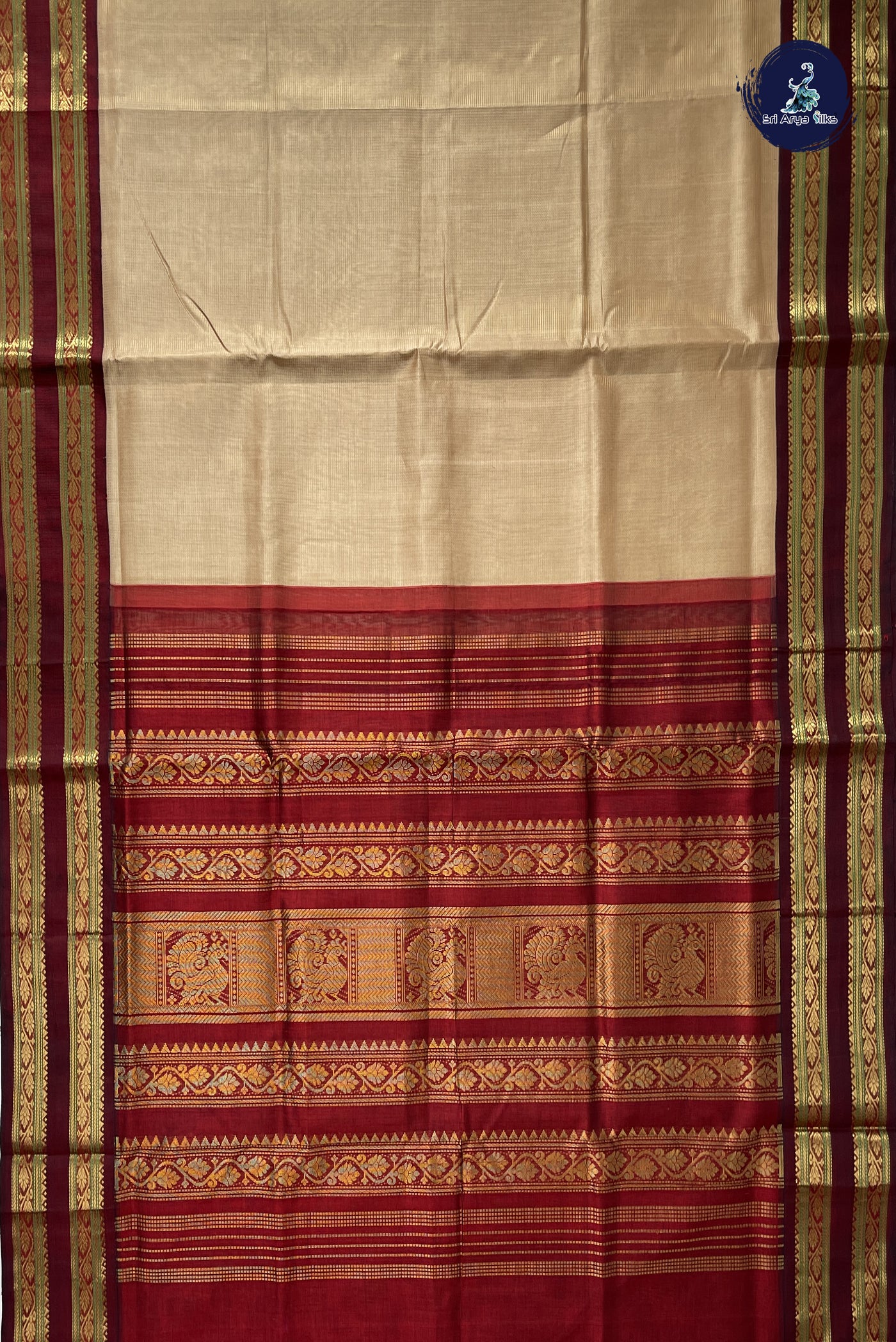 Beige Vaira Oosi Silk Cotton Saree With Vaira Oosi Pattern