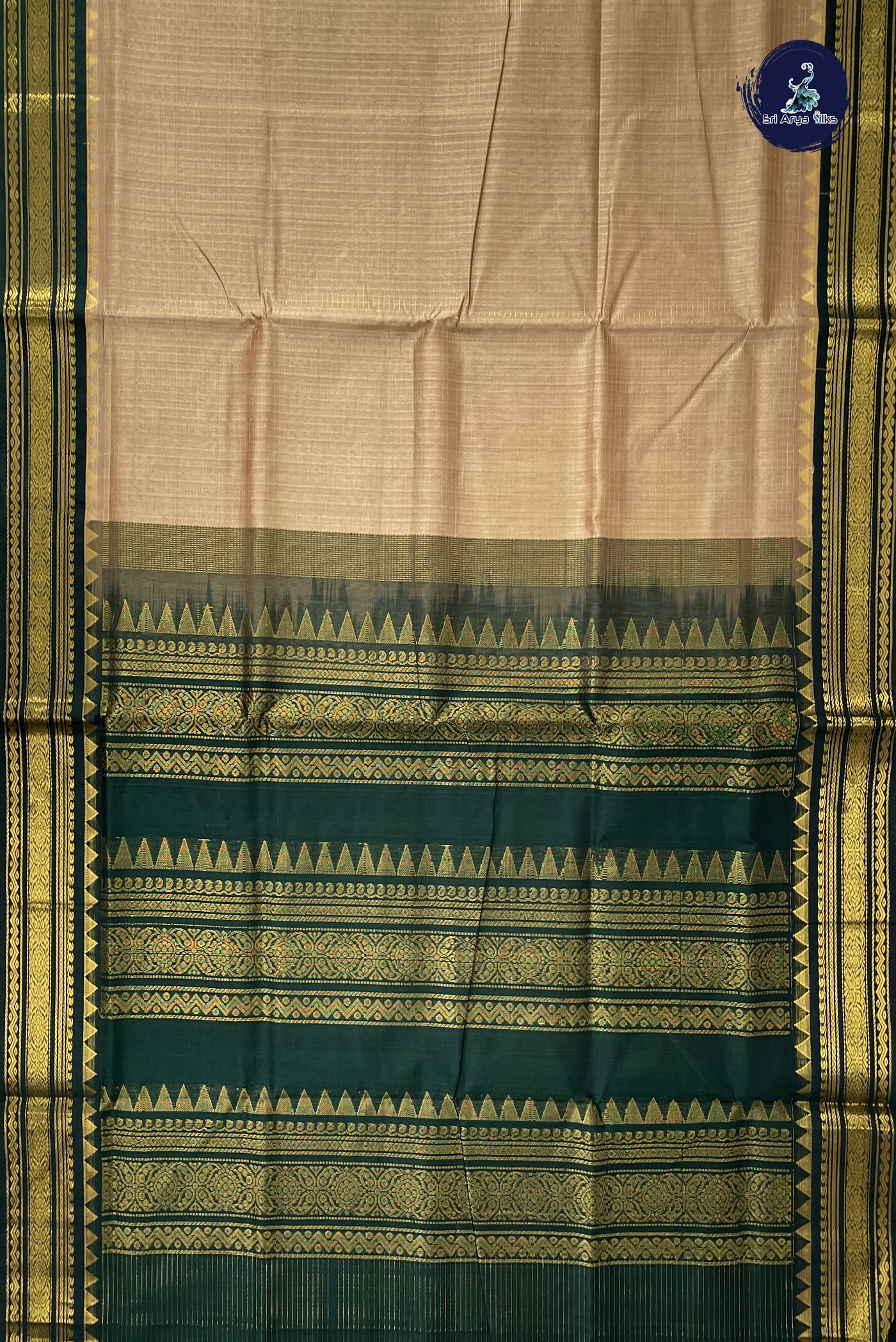 Beige Korvai Silk Cotton Saree With Zari Checked Pattern