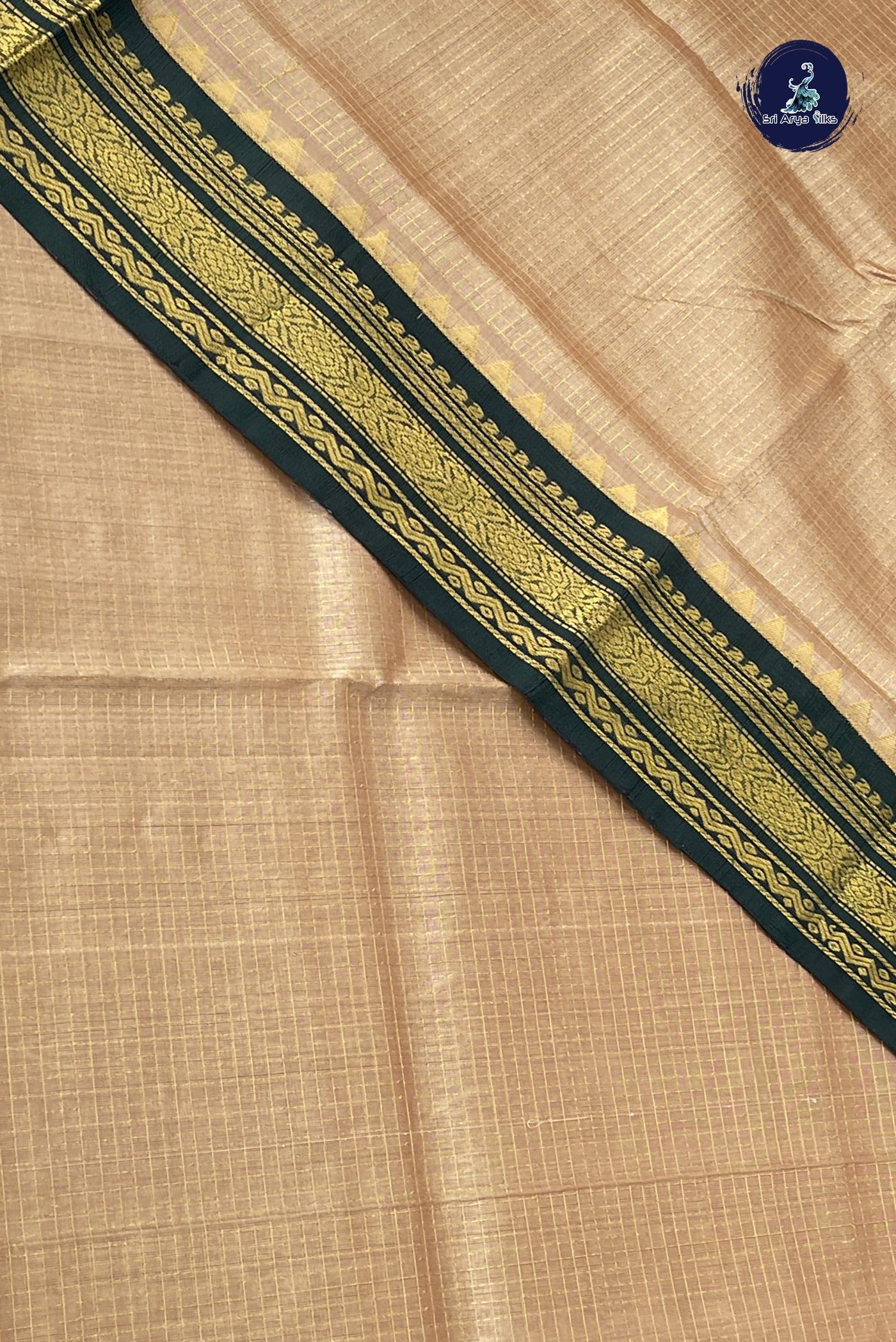 Beige Korvai Silk Cotton Saree With Zari Checked Pattern