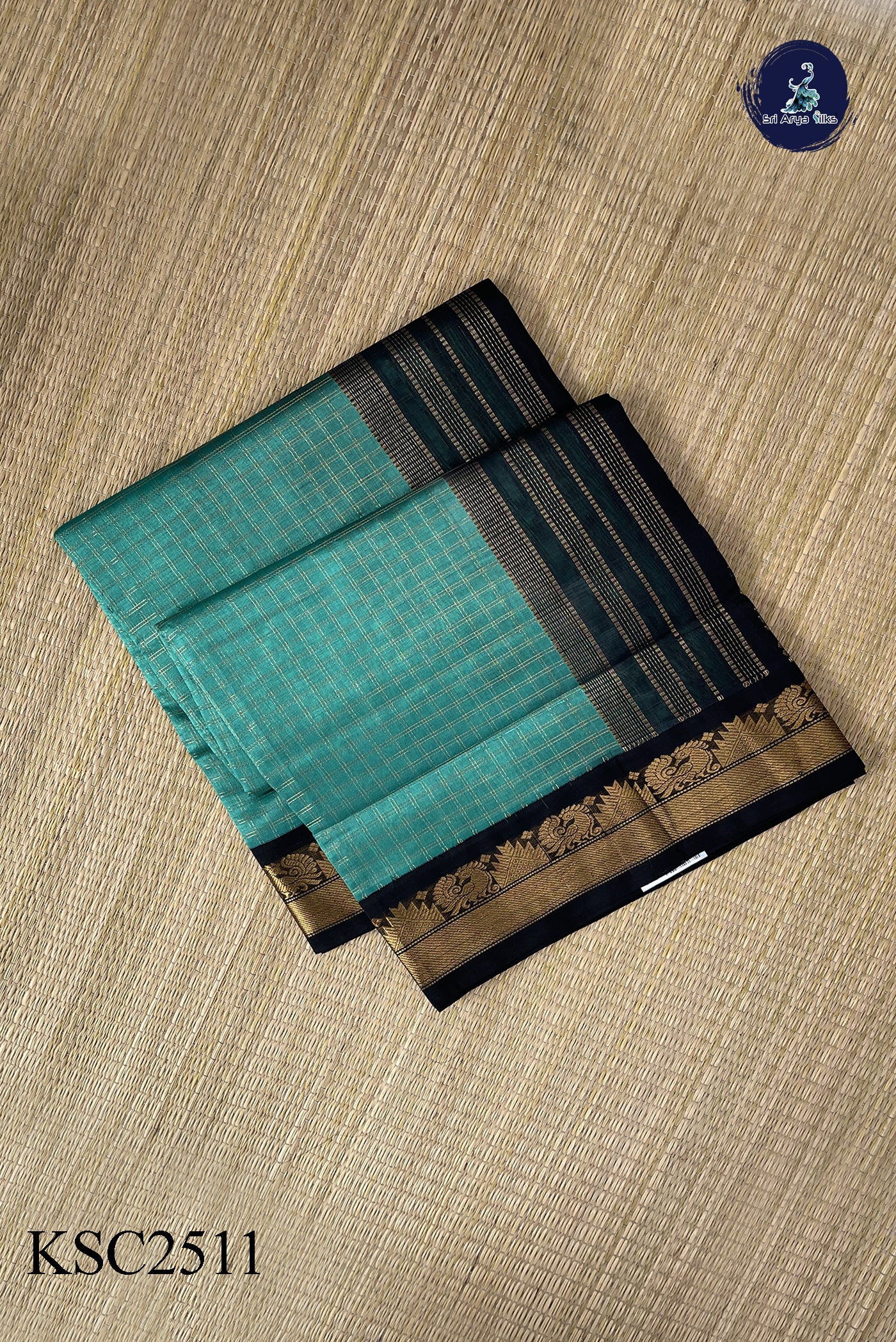 Turquoise Korvai Silk Cotton Saree With Zari Checked Pattern