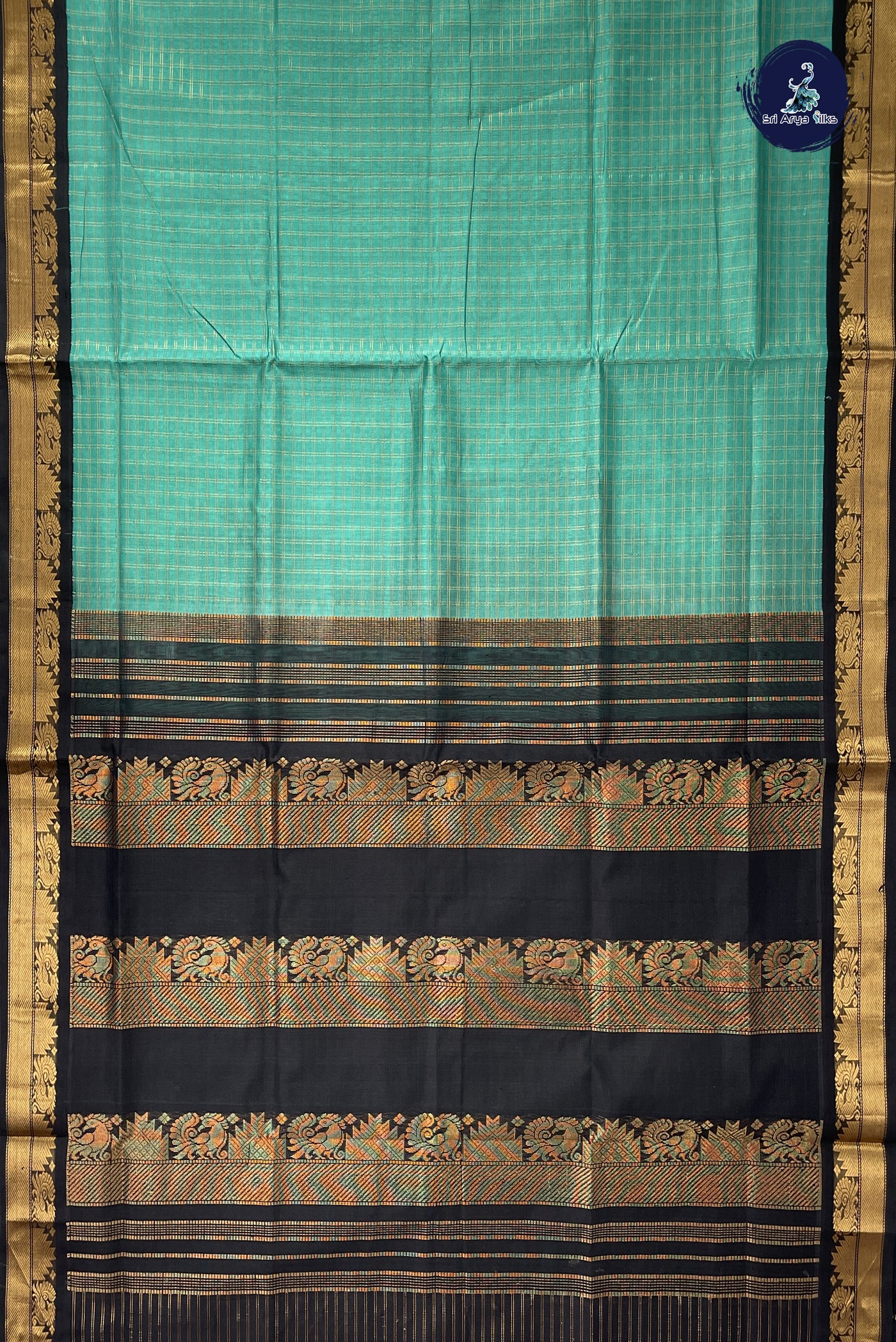 Turquoise Korvai Silk Cotton Saree With Zari Checked Pattern