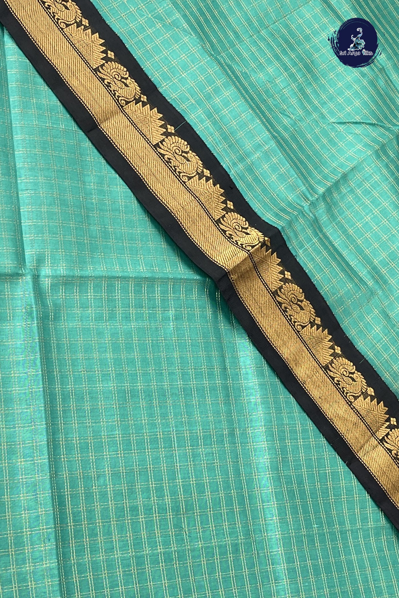 Turquoise Korvai Silk Cotton Saree With Zari Checked Pattern