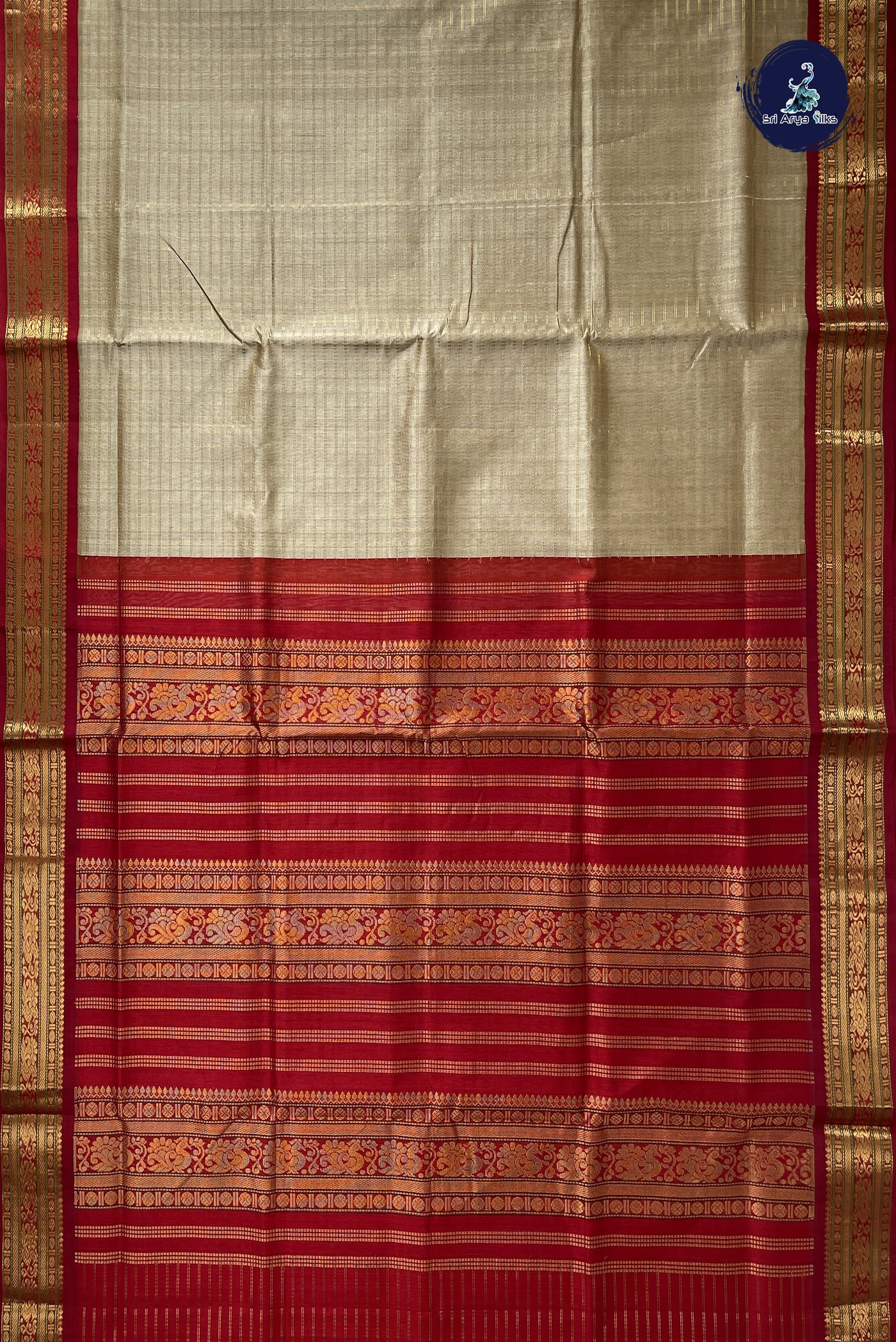 Fawn Korvai Silk Cotton Saree With Zari Checked Pattern