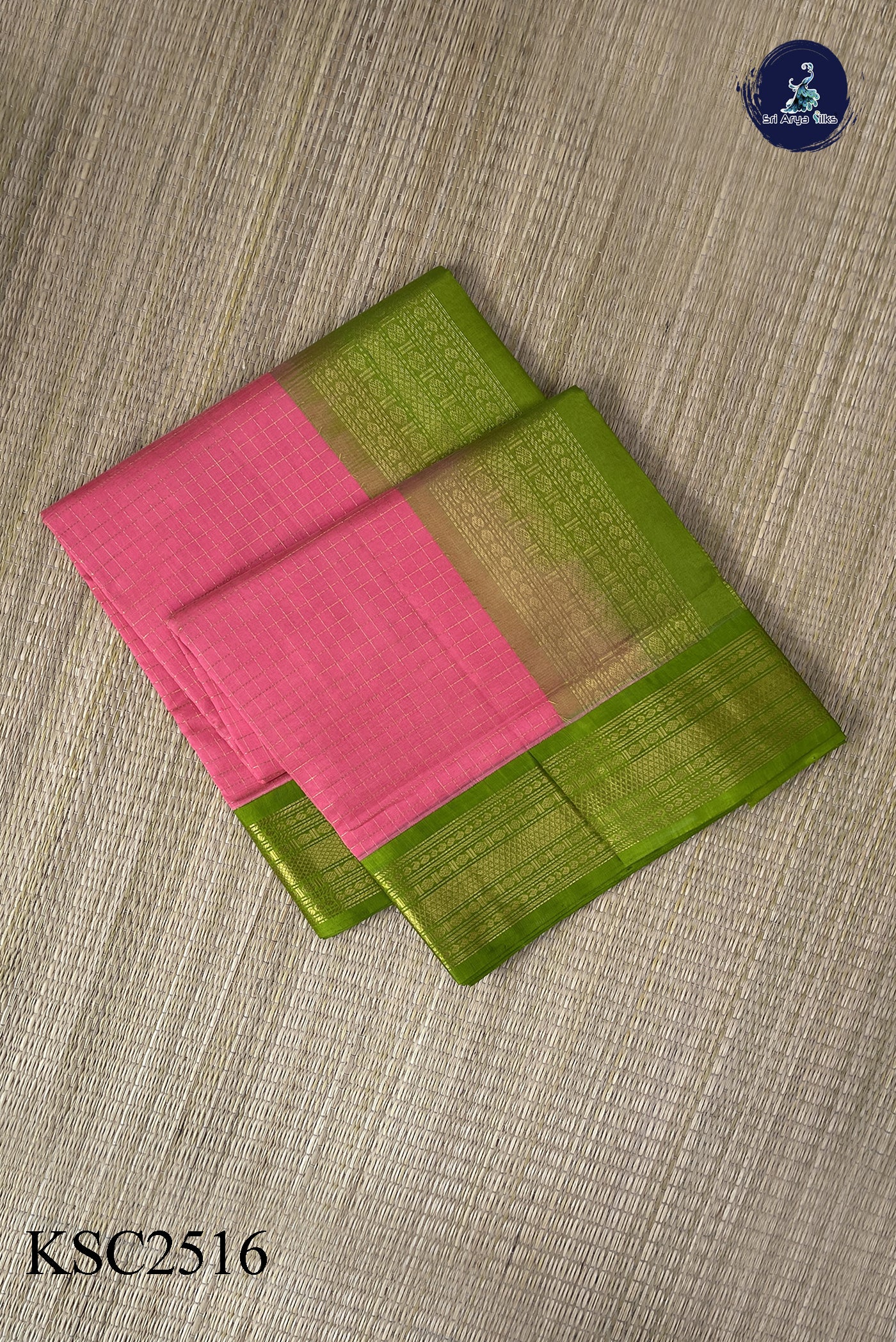 Peach Korvai Silk Cotton Saree With Zari Checked Pattern