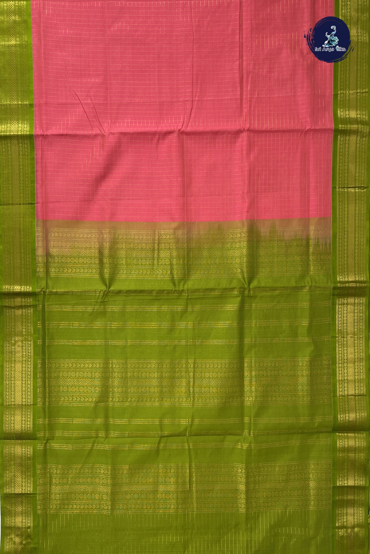 Peach Korvai Silk Cotton Saree With Zari Checked Pattern