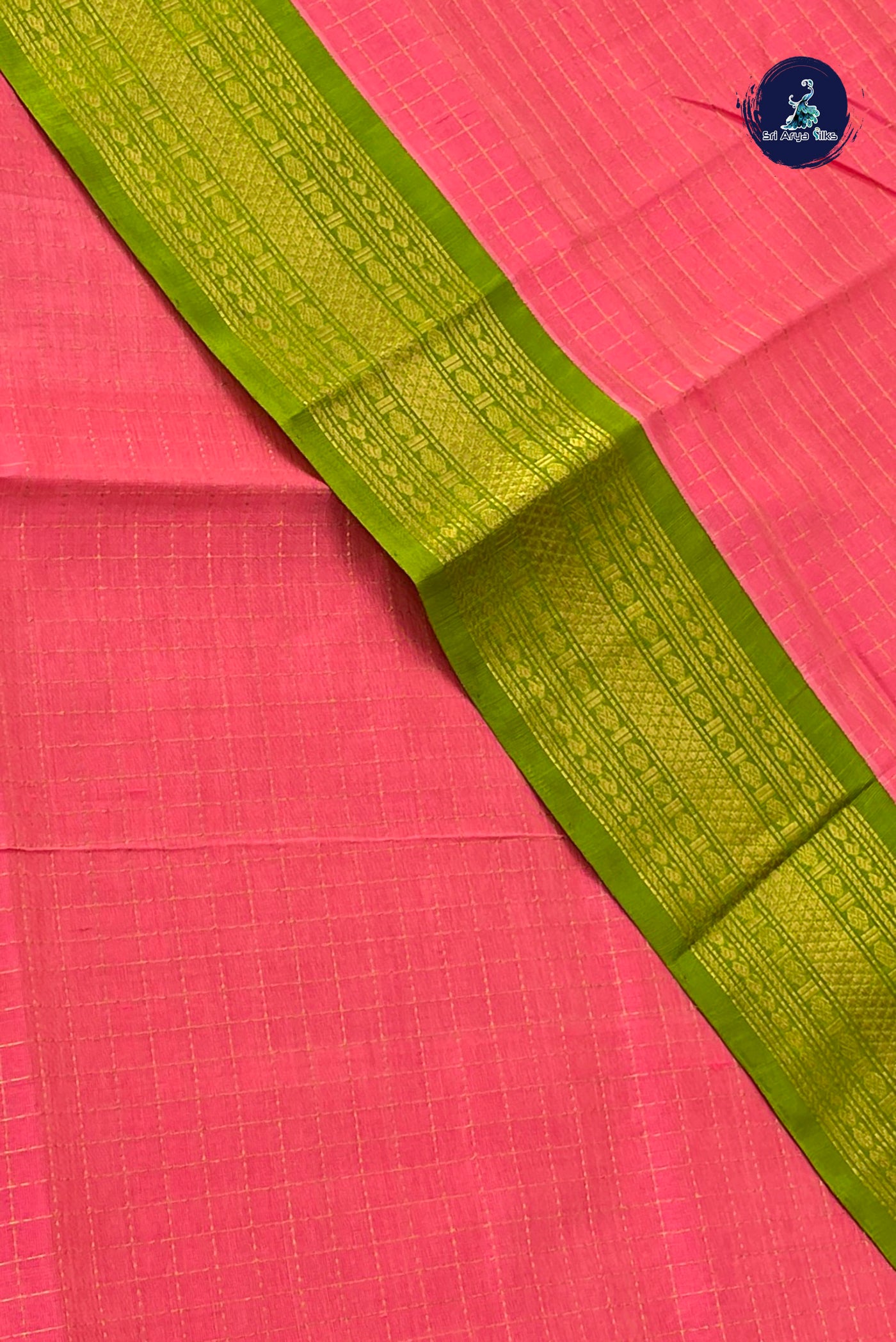 Peach Korvai Silk Cotton Saree With Zari Checked Pattern