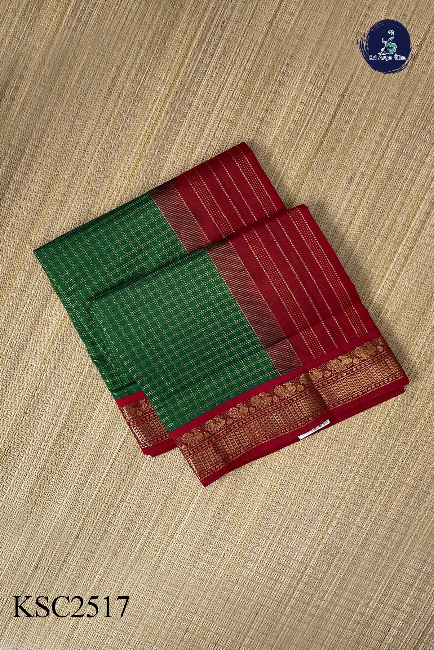 Dark Green Korvai Silk Cotton Saree With Zari Checked Pattern