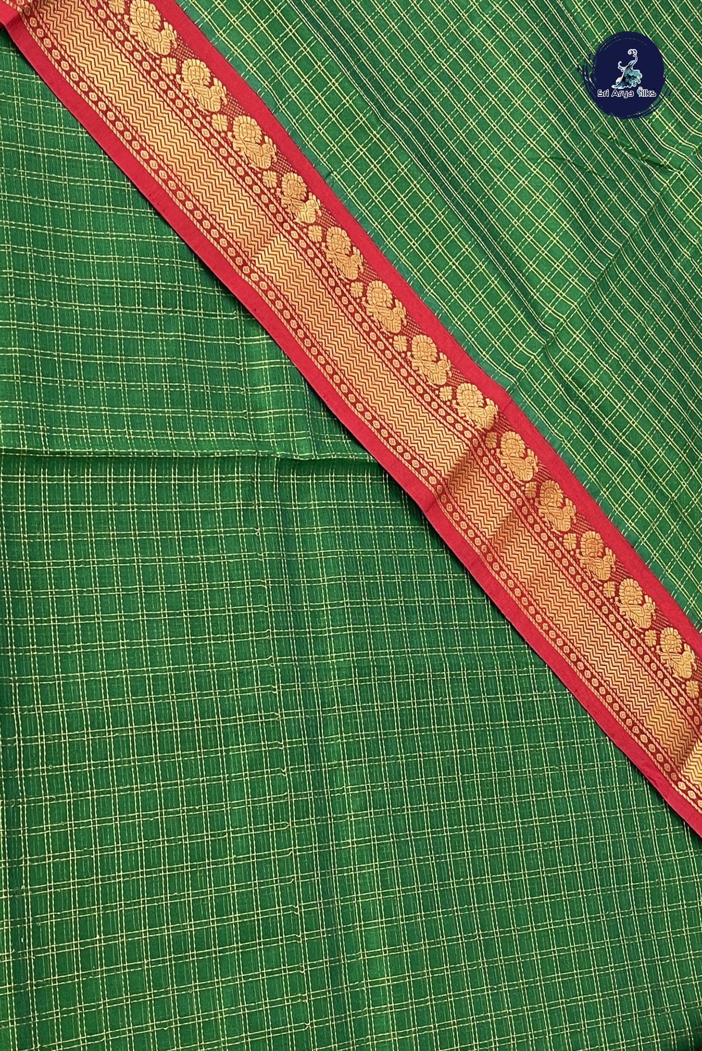 Dark Green Korvai Silk Cotton Saree With Zari Checked Pattern