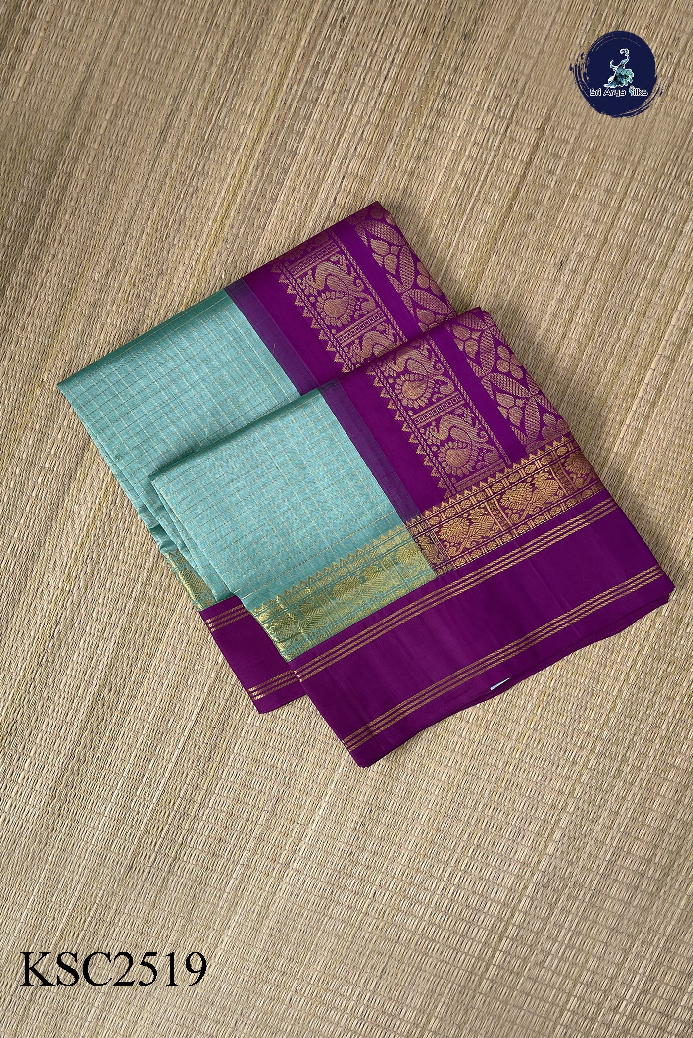 Light Blue Korvai Silk Cotton Saree With Zari Checked Pattern