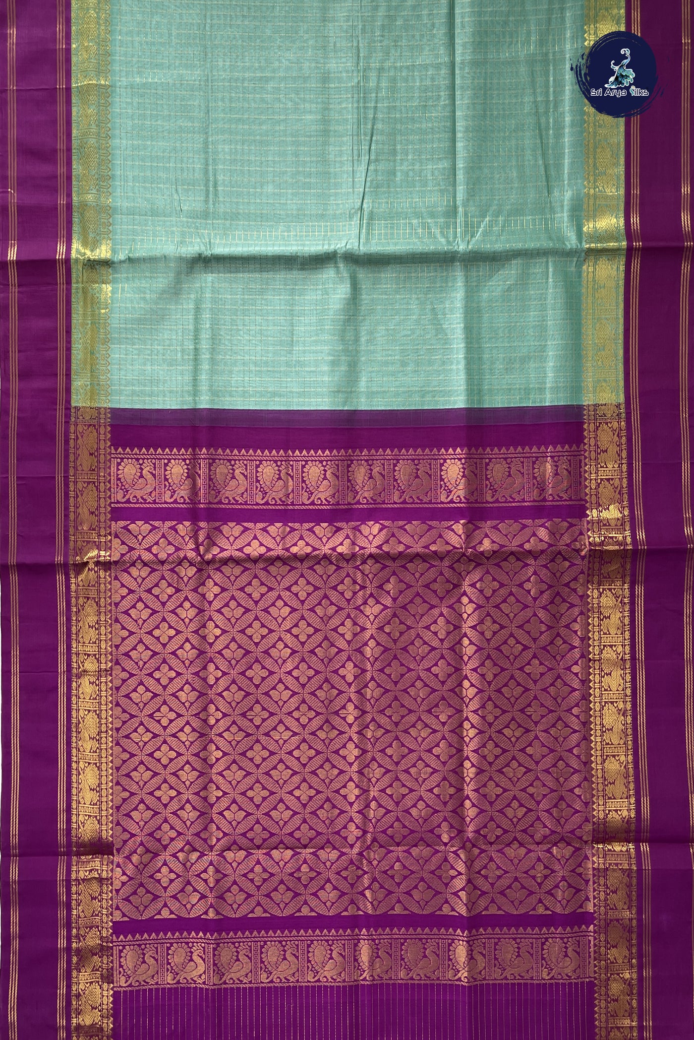 Light Blue Korvai Silk Cotton Saree With Zari Checked Pattern