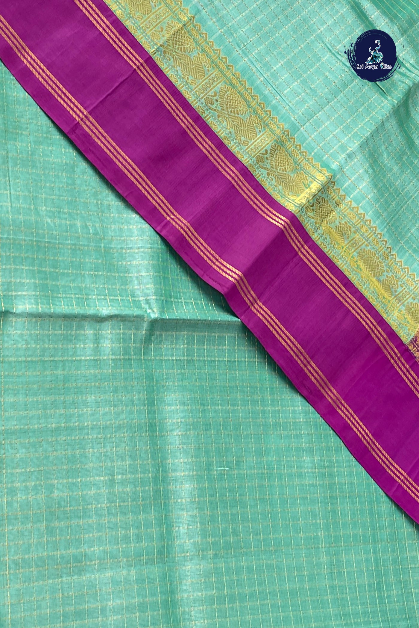 Light Blue Korvai Silk Cotton Saree With Zari Checked Pattern