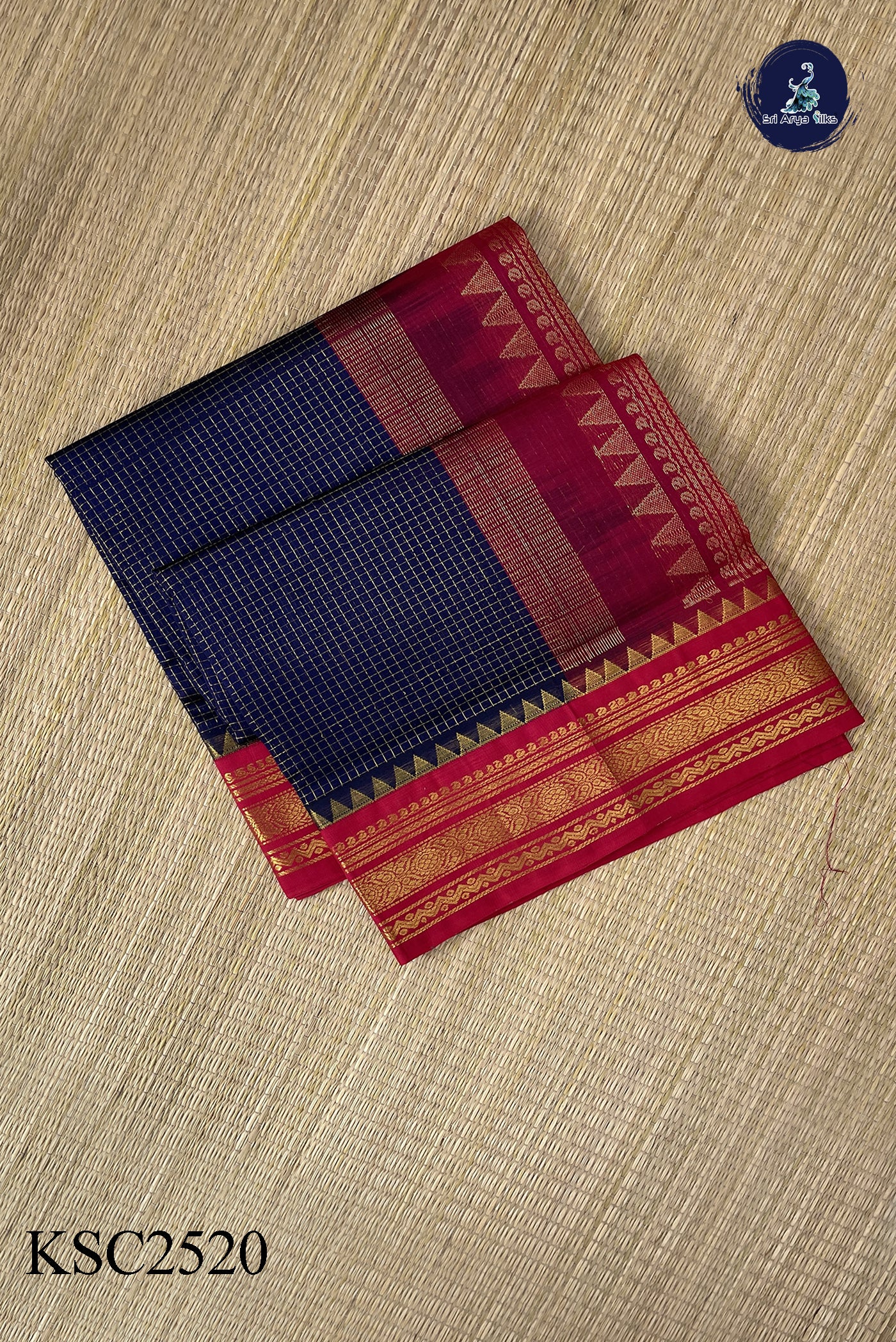 Dark Blue Korvai Silk Cotton Saree With Zari Checked Pattern