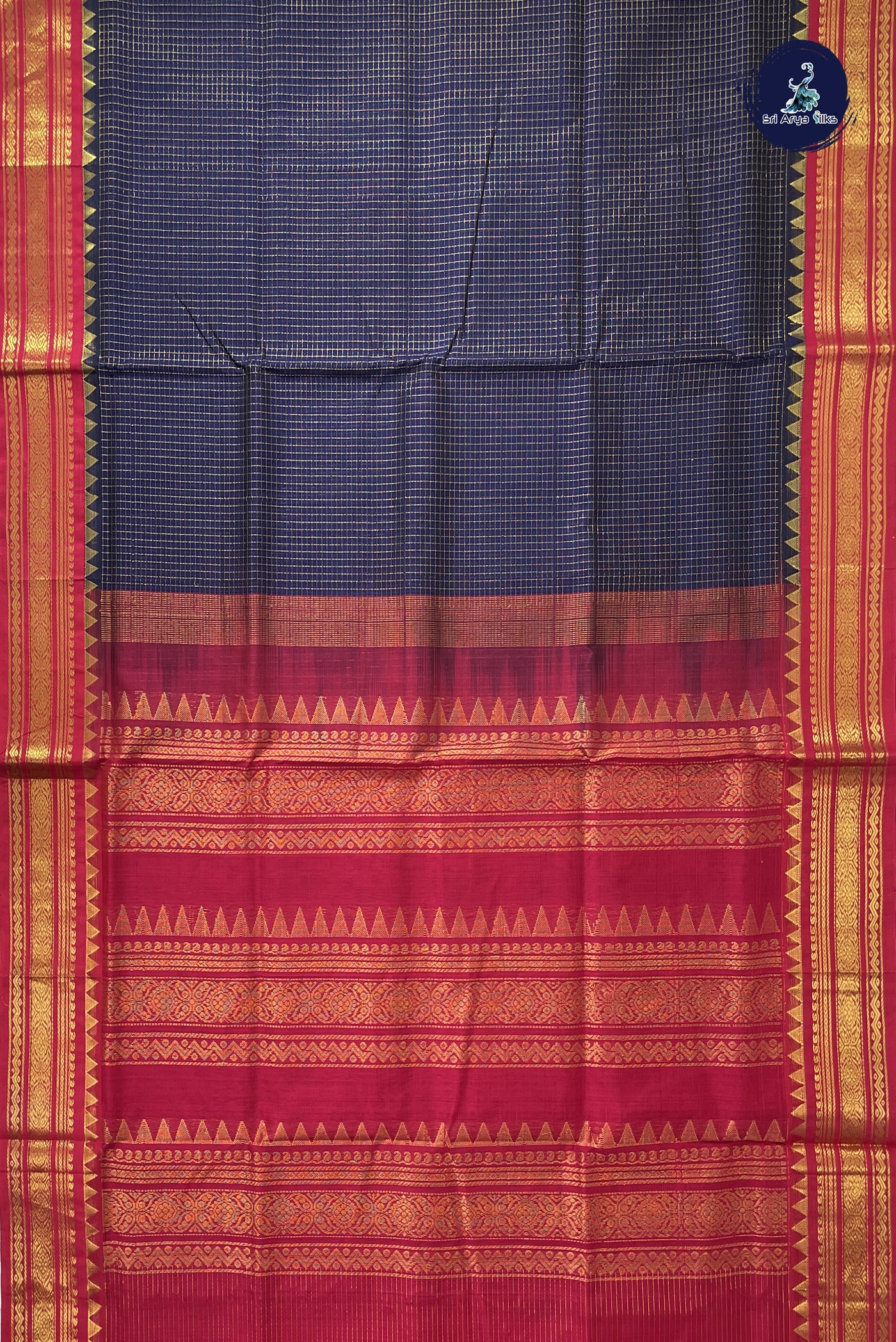 Dark Blue Korvai Silk Cotton Saree With Zari Checked Pattern