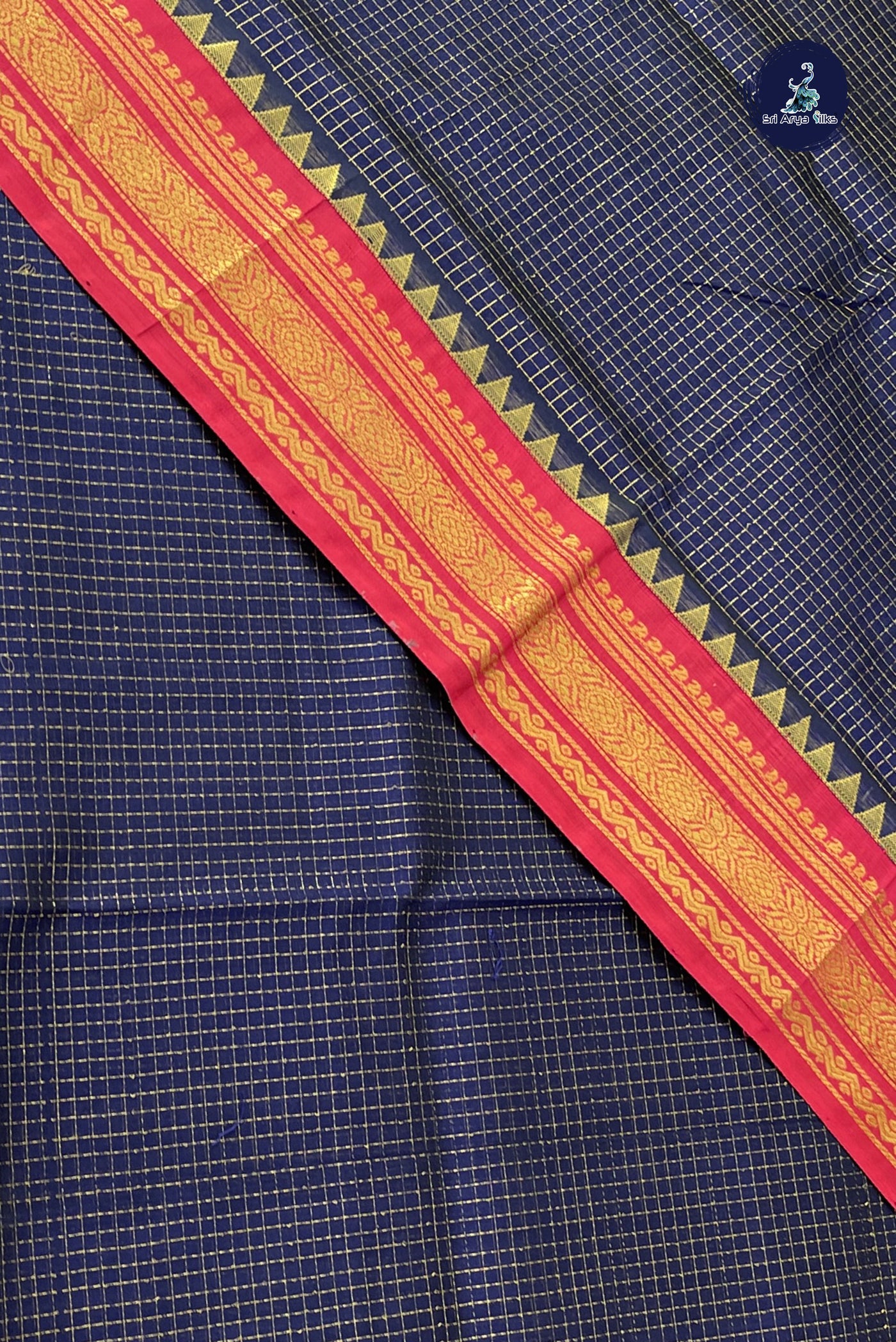 Dark Blue Korvai Silk Cotton Saree With Zari Checked Pattern