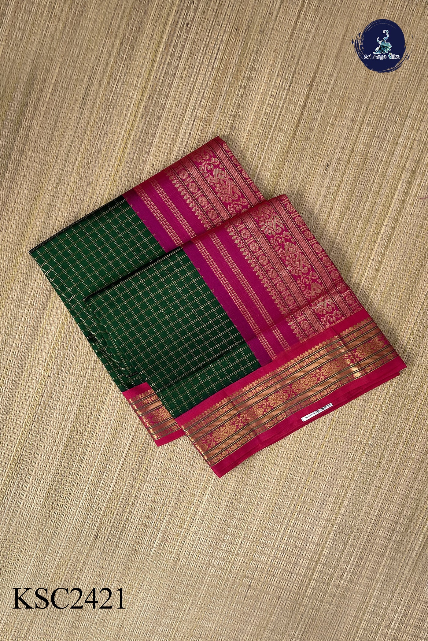 Dark Green Korvai Silk Cotton Saree With Zari Checked Pattern