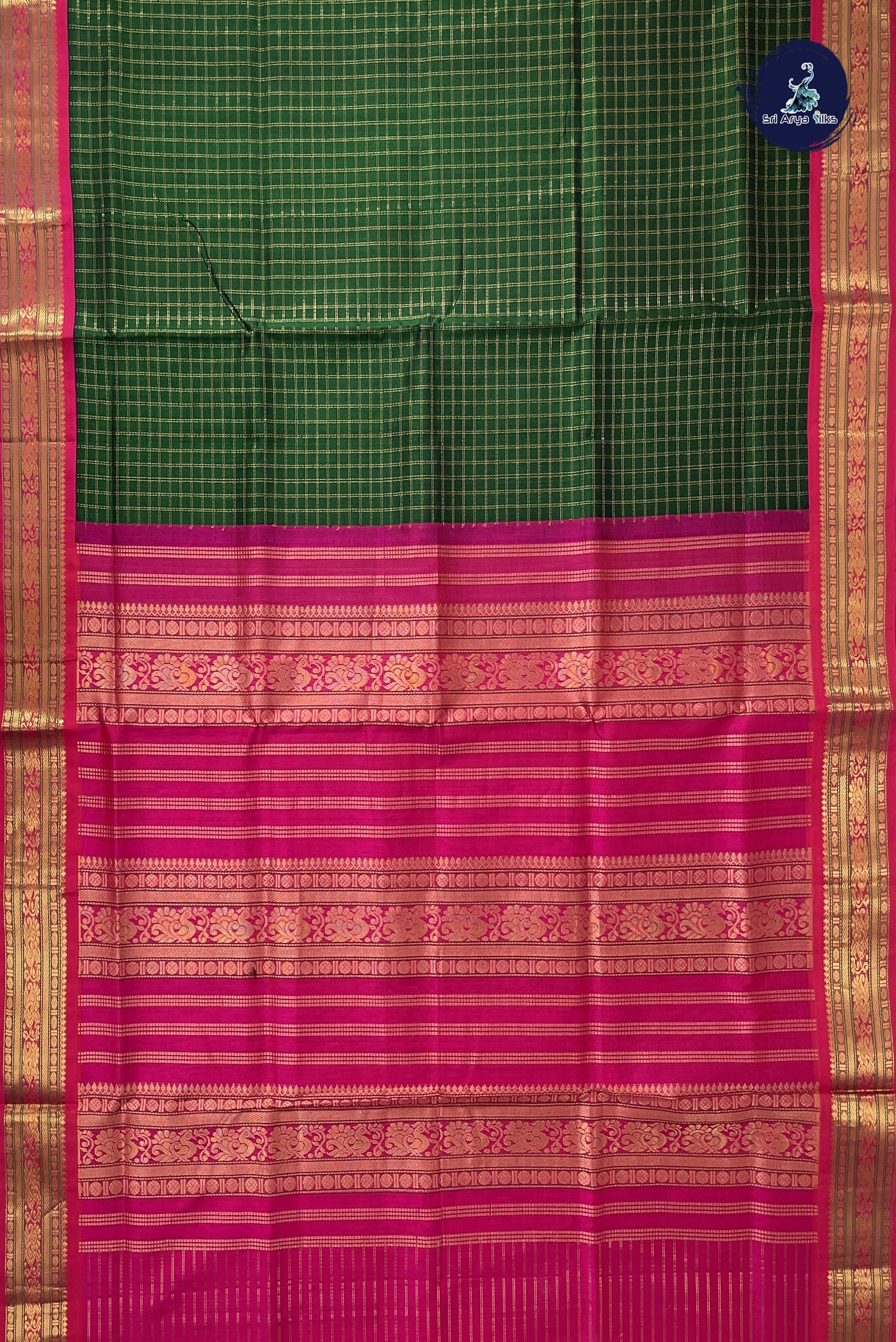 Dark Green Korvai Silk Cotton Saree With Zari Checked Pattern