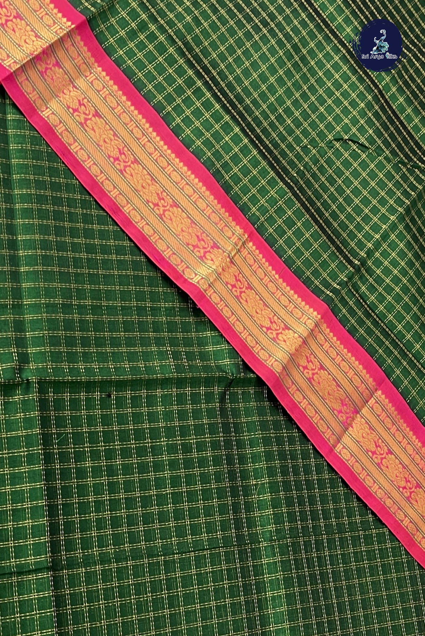 Dark Green Korvai Silk Cotton Saree With Zari Checked Pattern