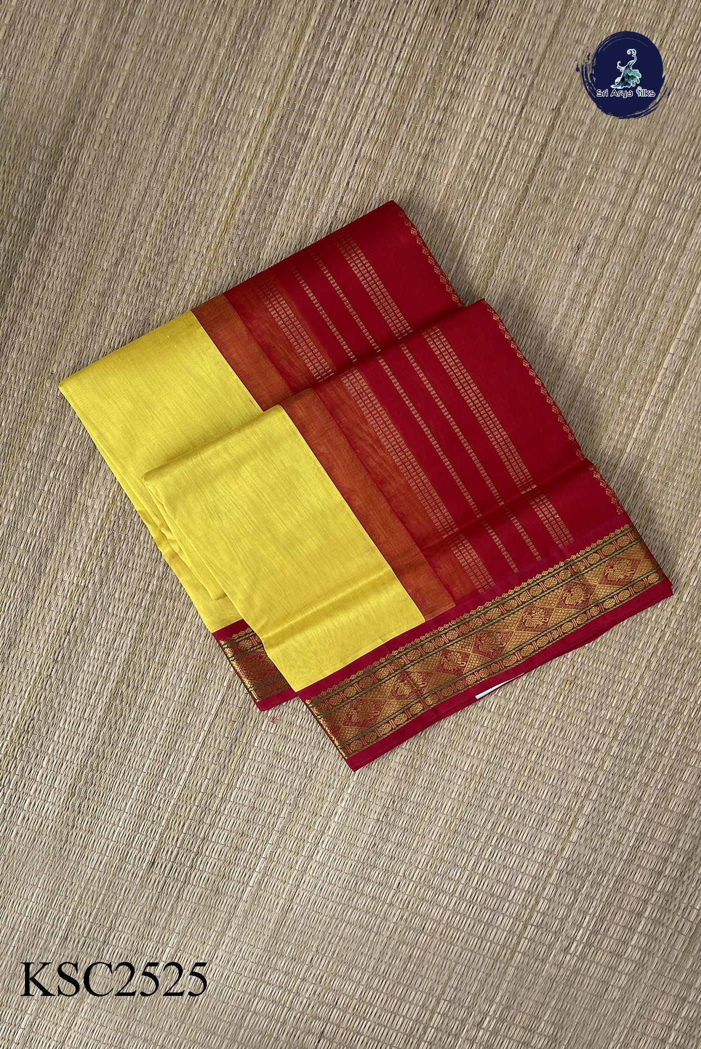 Lemon Yellow Korvai Silk Cotton Saree With Plain Pattern