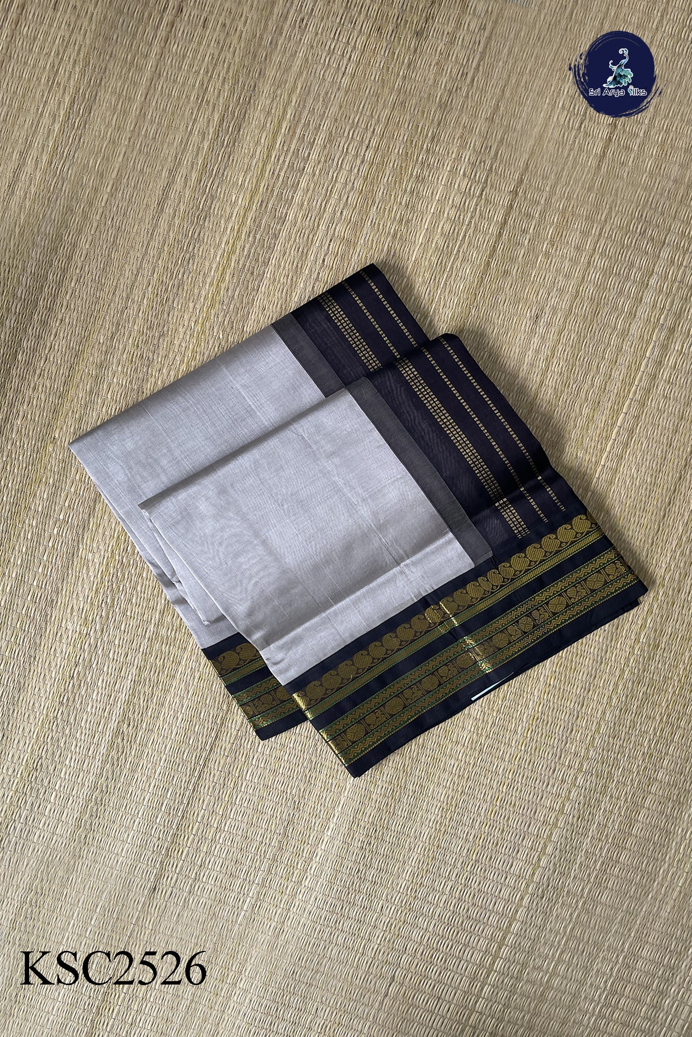 Grey Korvai Silk Cotton Saree With Plain Pattern