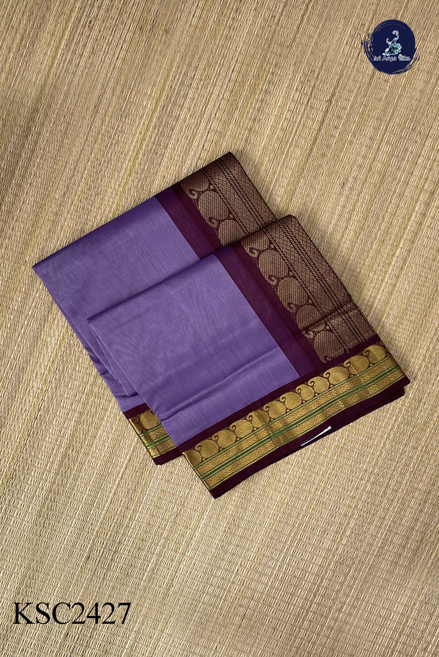 Lavender Korvai Silk Cotton Saree With Plain Pattern