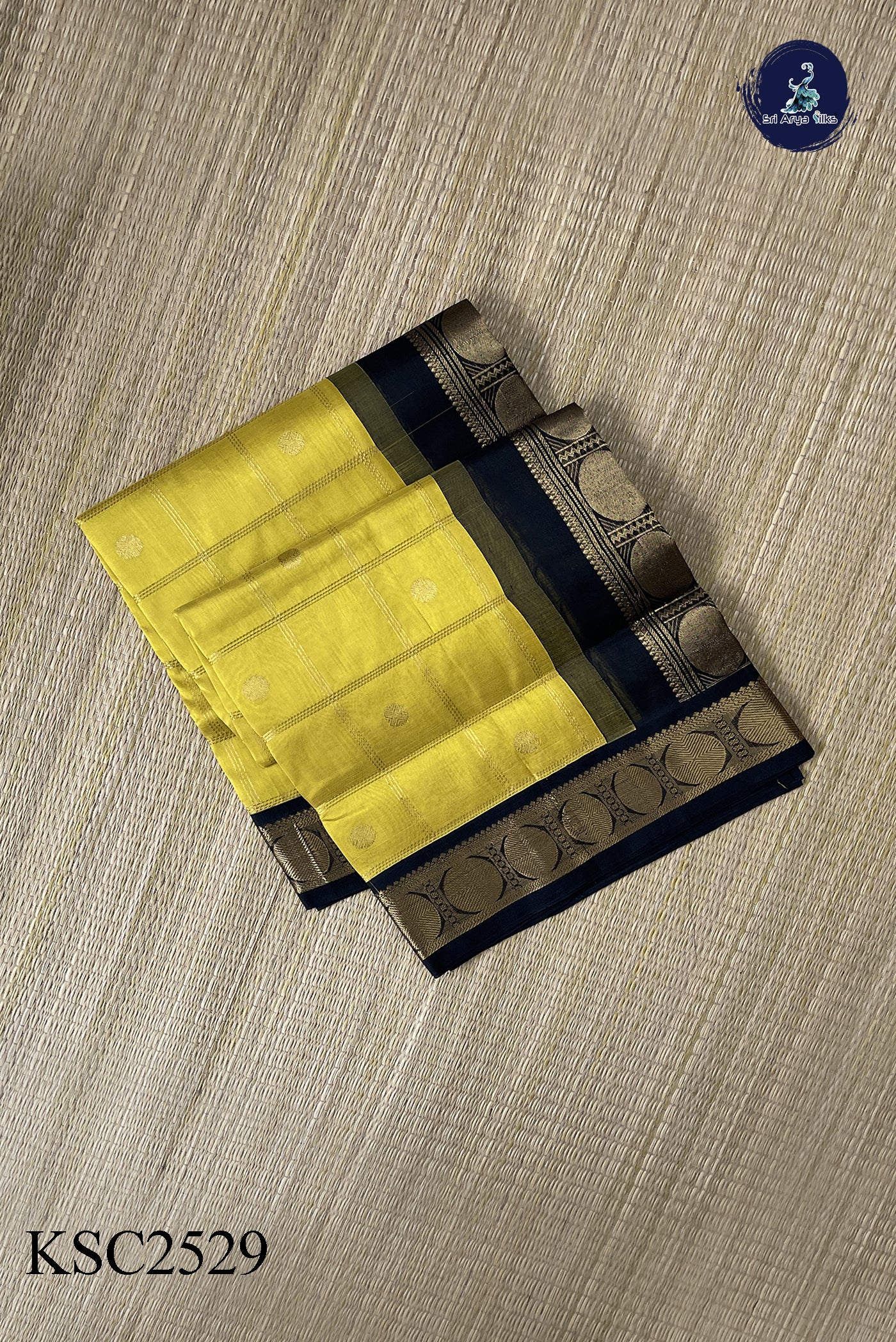 Lemon Yellow Korvai Silk Cotton Saree With Zari Checked Pattern