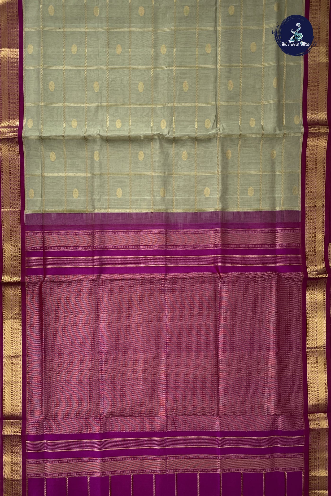 Silver Grey Korvai Silk Cotton Saree With Zari Checked Pattern