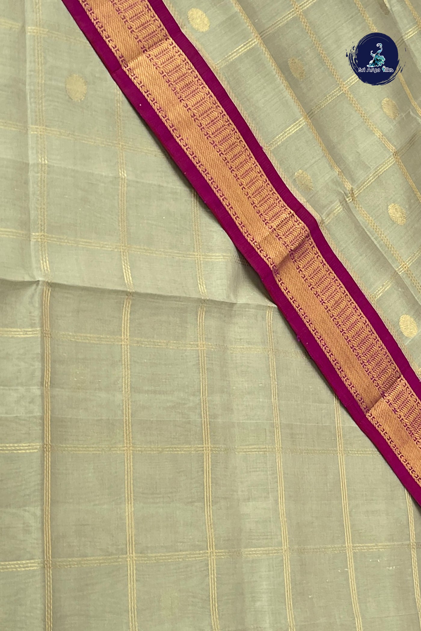 Silver Grey Korvai Silk Cotton Saree With Zari Checked Pattern