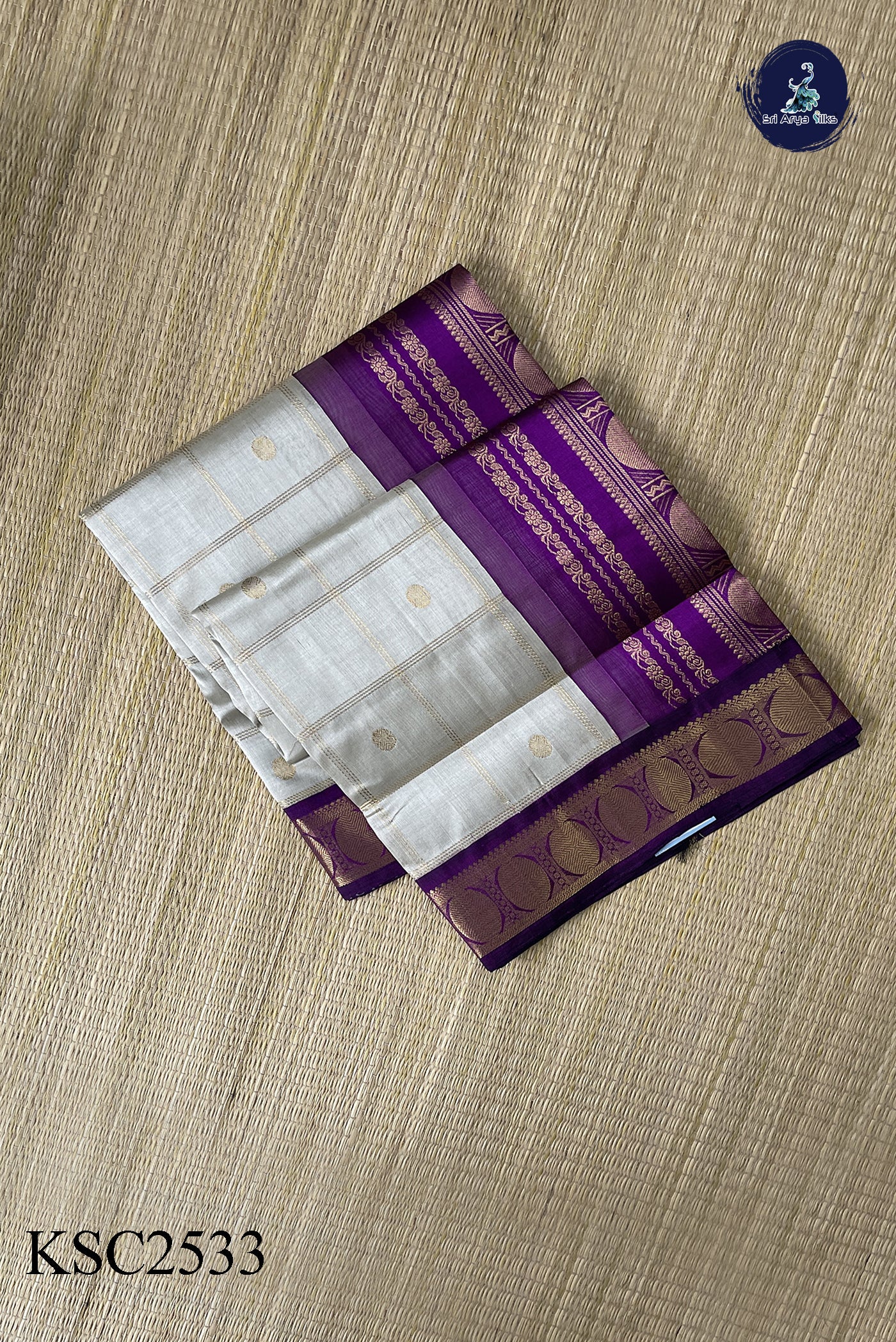 Silver Grey Korvai Silk Cotton Saree With Zari Checked Pattern