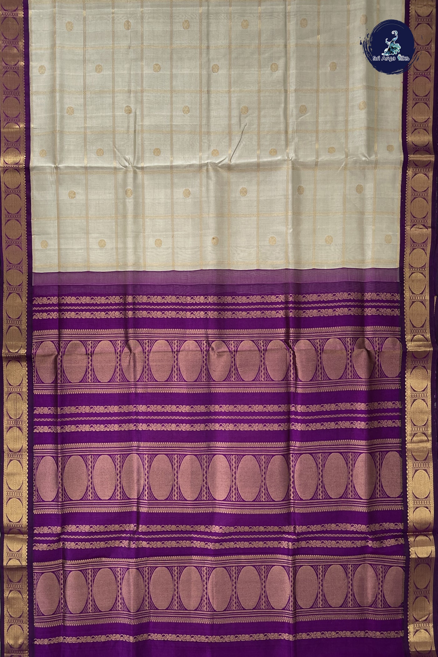 Silver Grey Korvai Silk Cotton Saree With Zari Checked Pattern