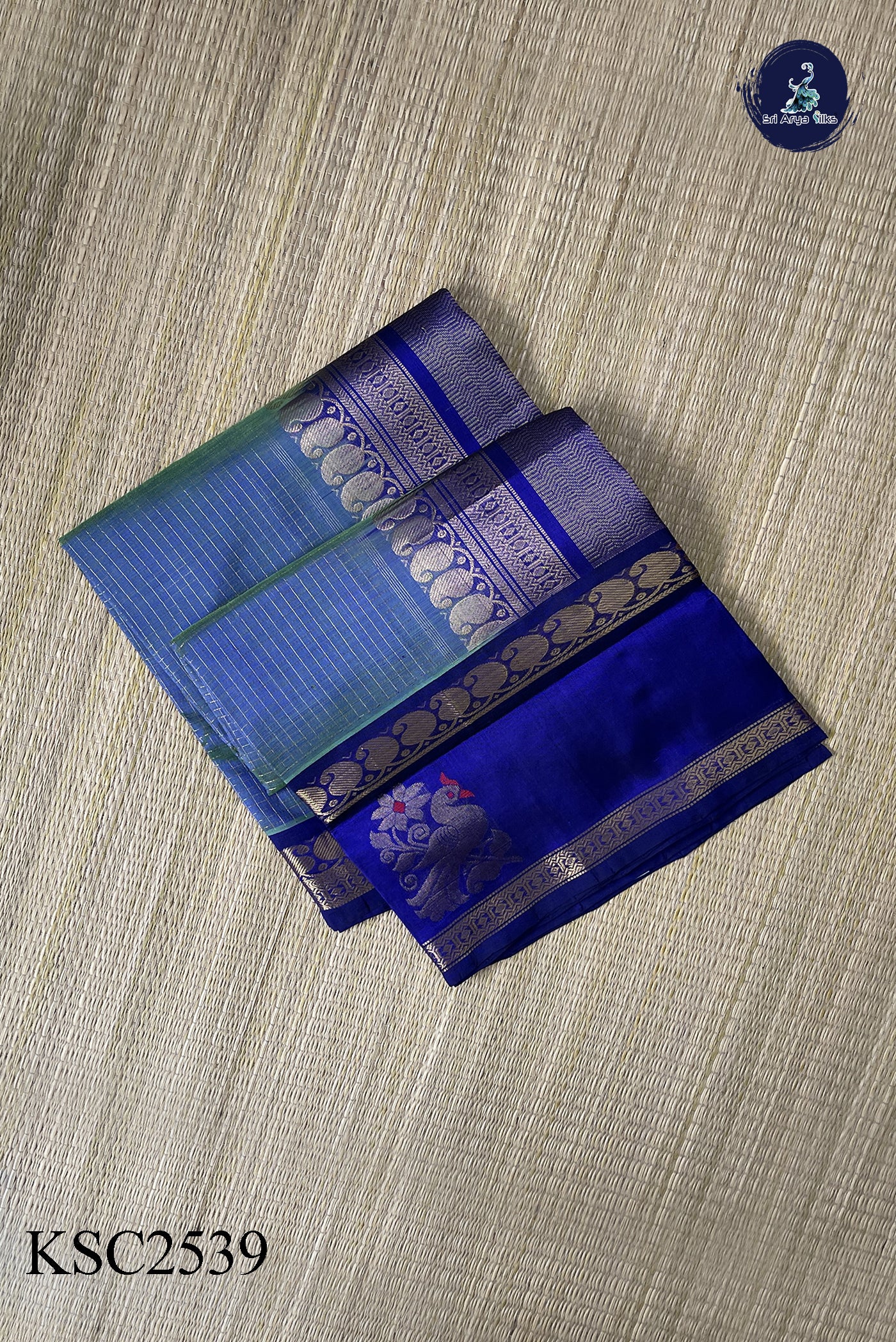 Bluish Green Bridal Silk Cotton Saree With Zari Checked Pattern