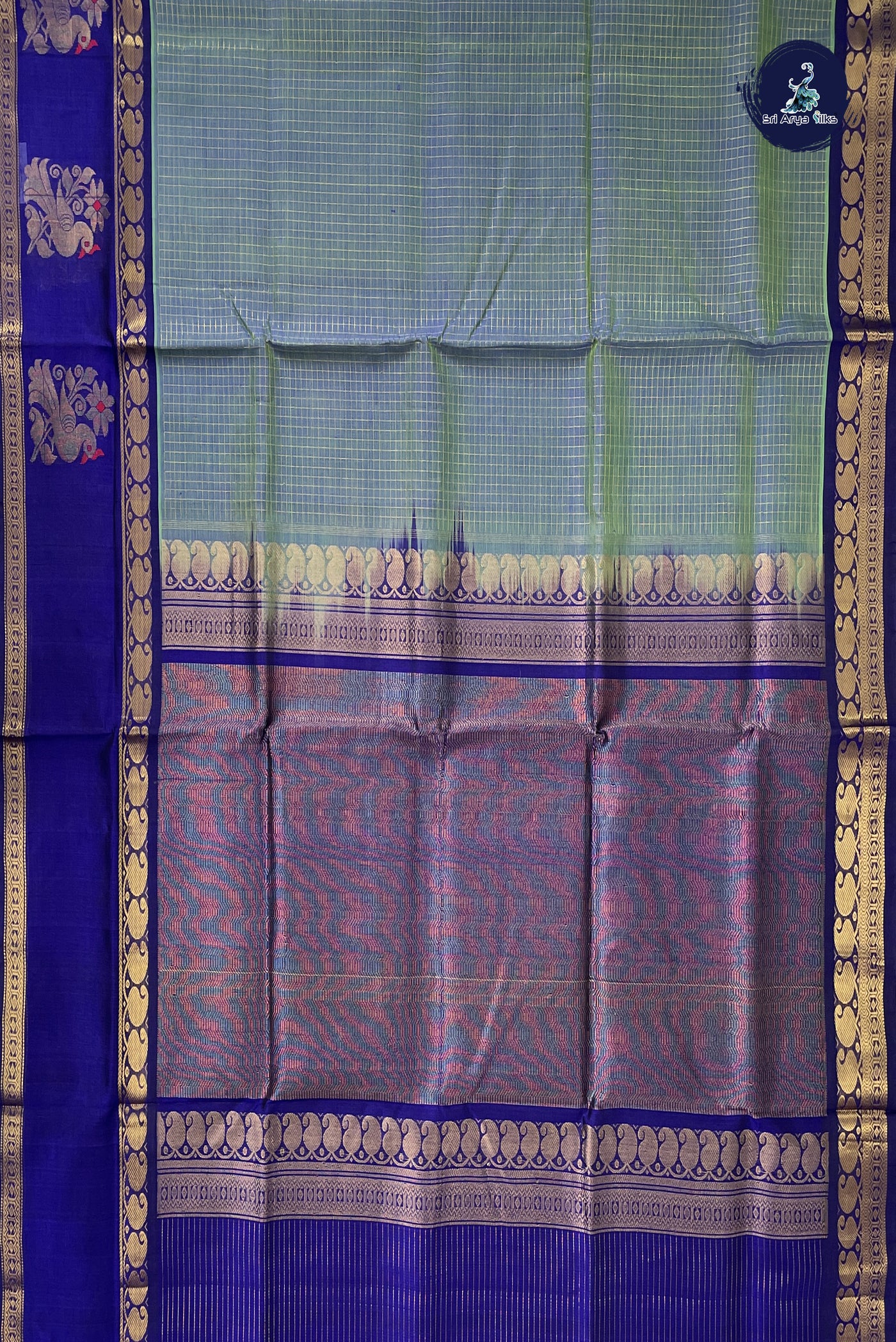 Bluish Green Bridal Silk Cotton Saree With Zari Checked Pattern