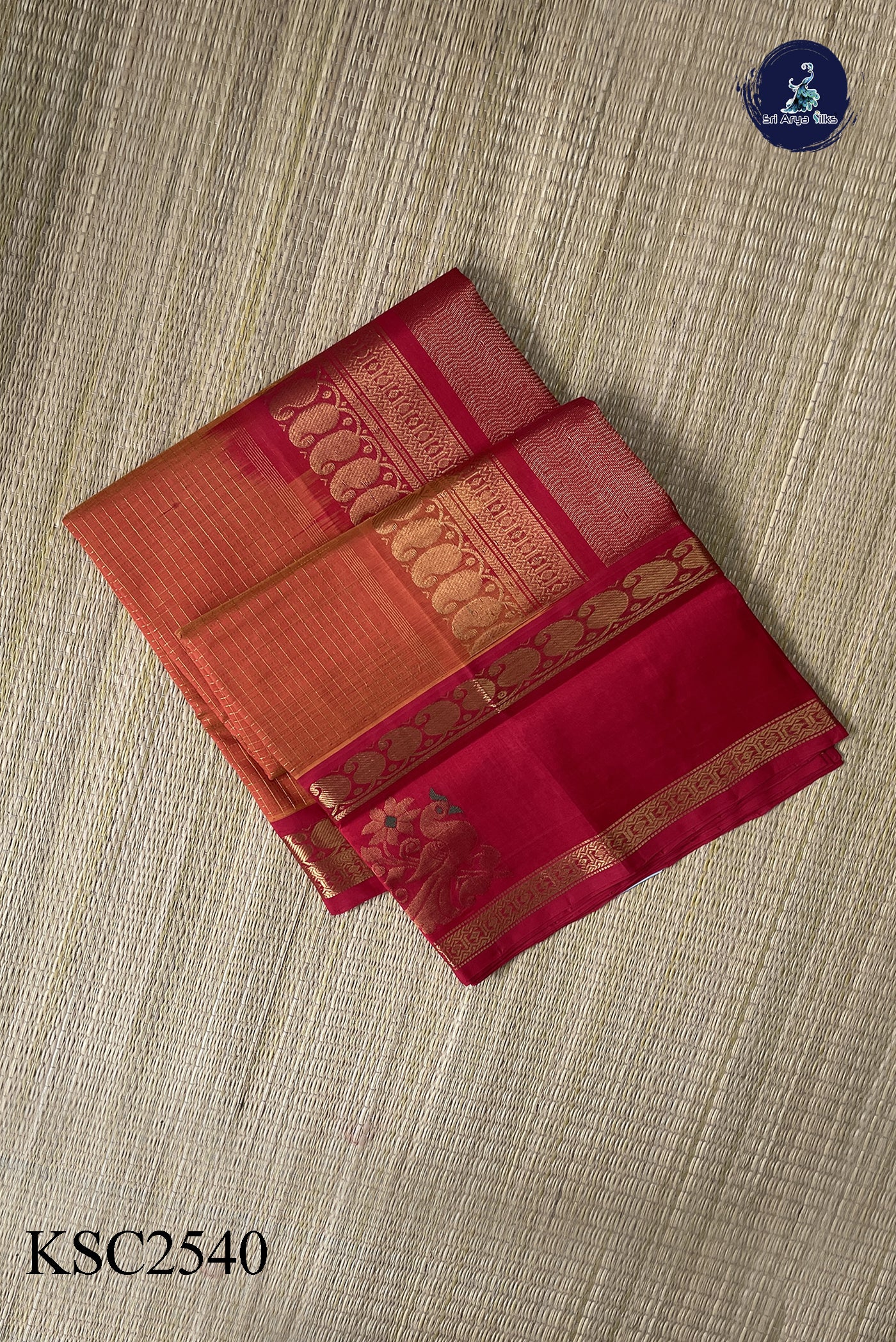 Orange Bridal Silk Cotton Saree With Zari Checked Pattern