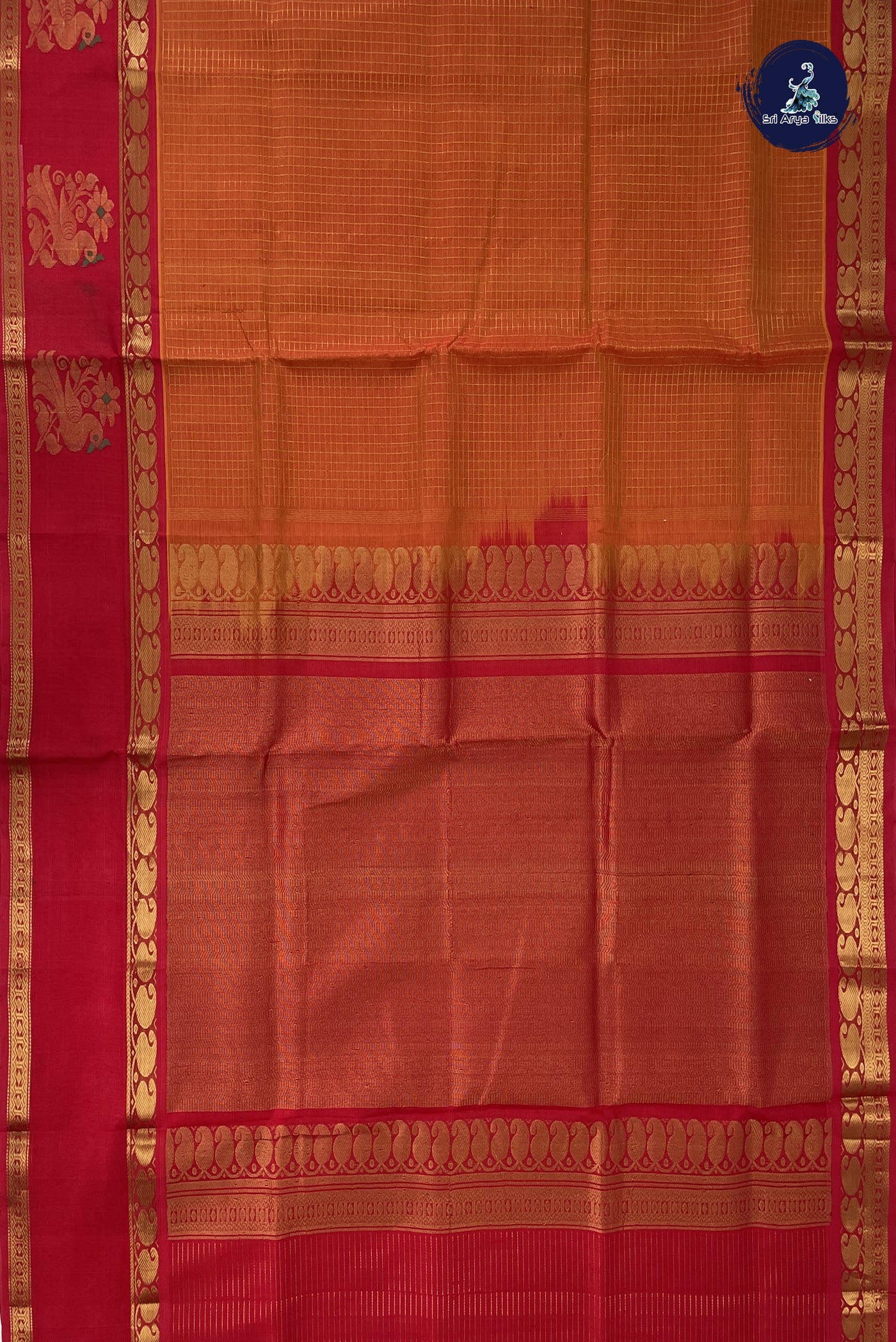 Orange Bridal Silk Cotton Saree With Zari Checked Pattern