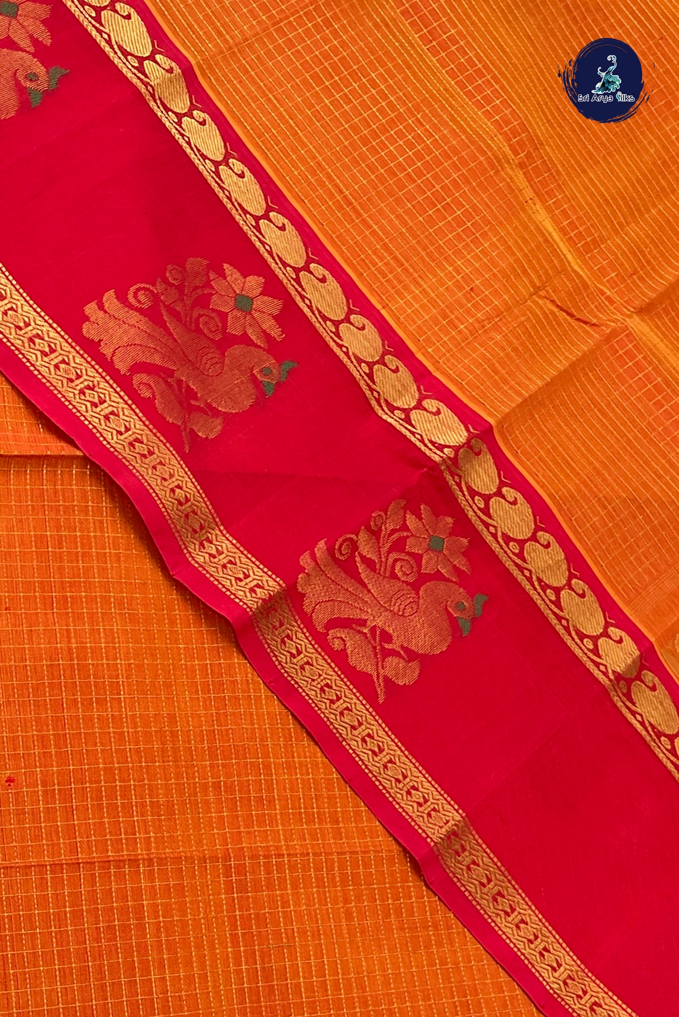 Orange Bridal Silk Cotton Saree With Zari Checked Pattern