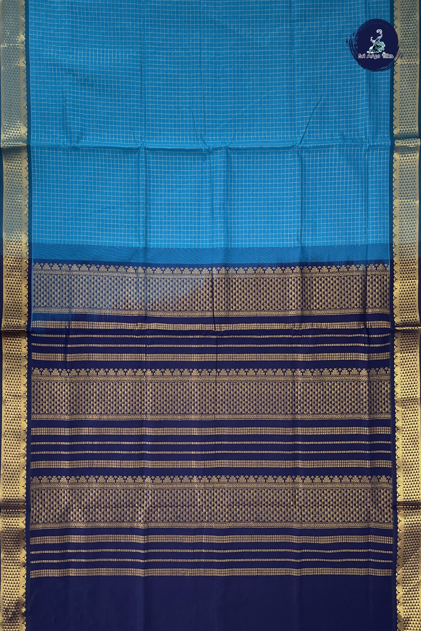 Copper Sulphate Blue Semi Silk Cotton Saree With Zari Checked Pattern