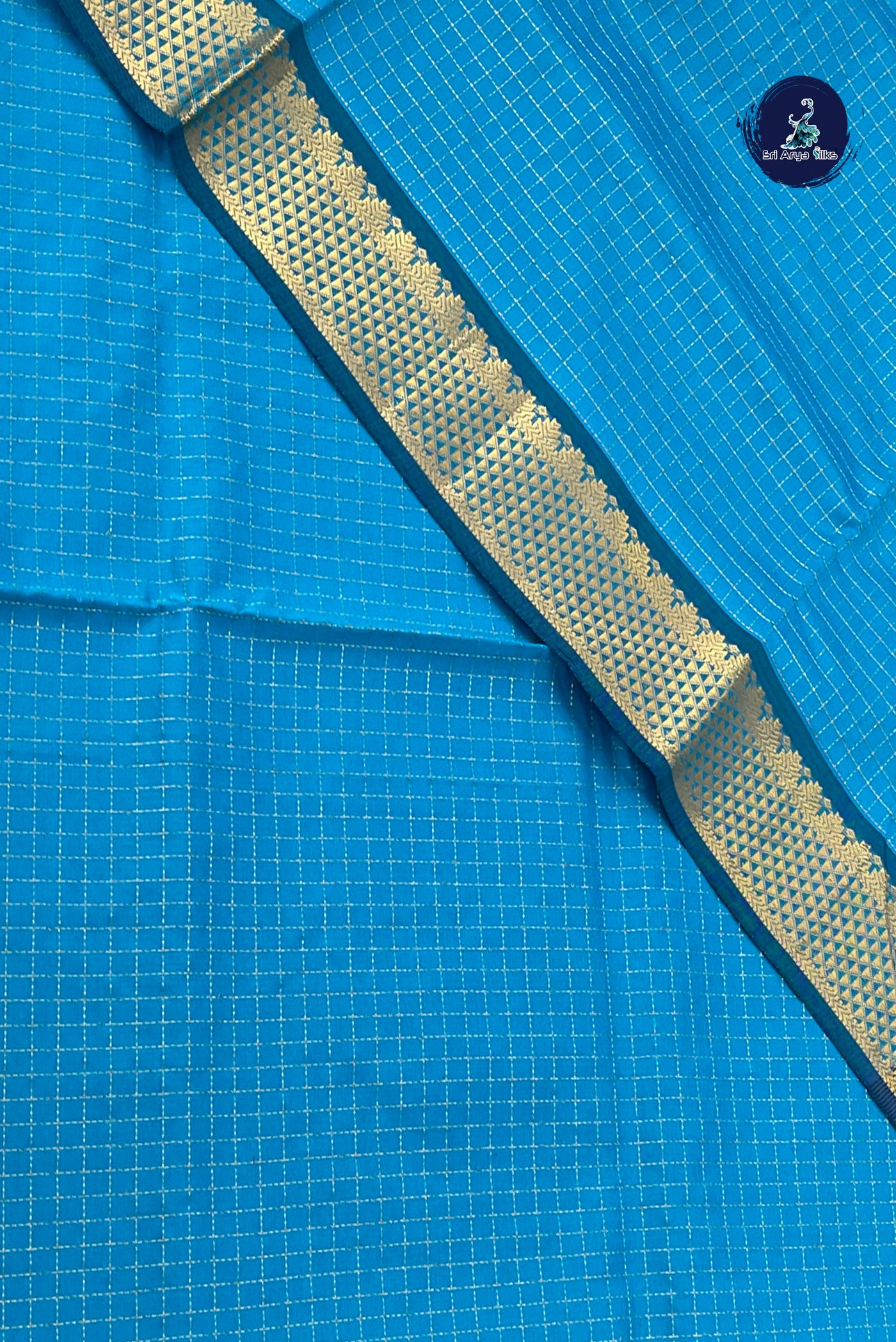 Copper Sulphate Blue Semi Silk Cotton Saree With Zari Checked Pattern