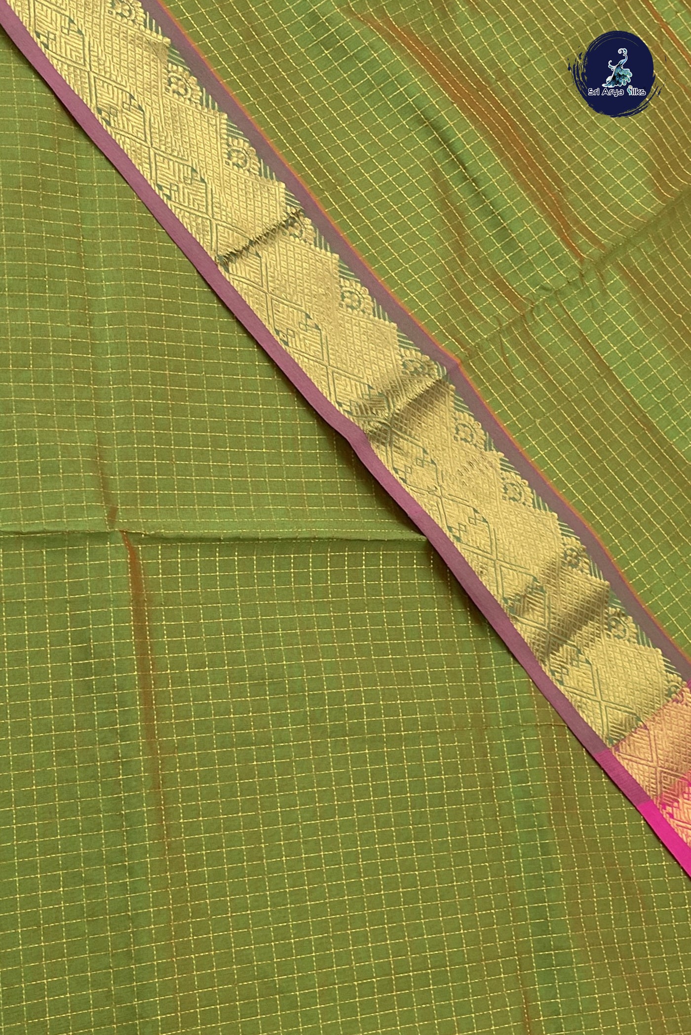 Light Green Semi Silk Cotton Saree With Zari Checked Pattern